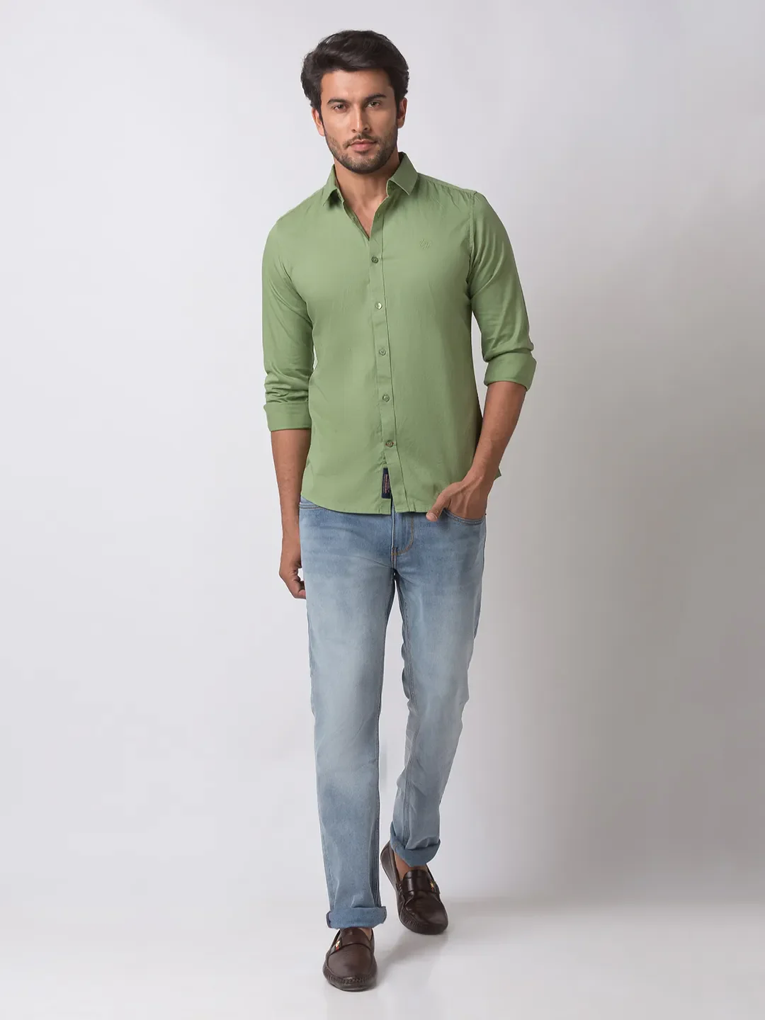 Green Slim Straight Fit Regular Collar Long Sleeves Cotton Men's Shirt by Being Human Clothing - Image 5