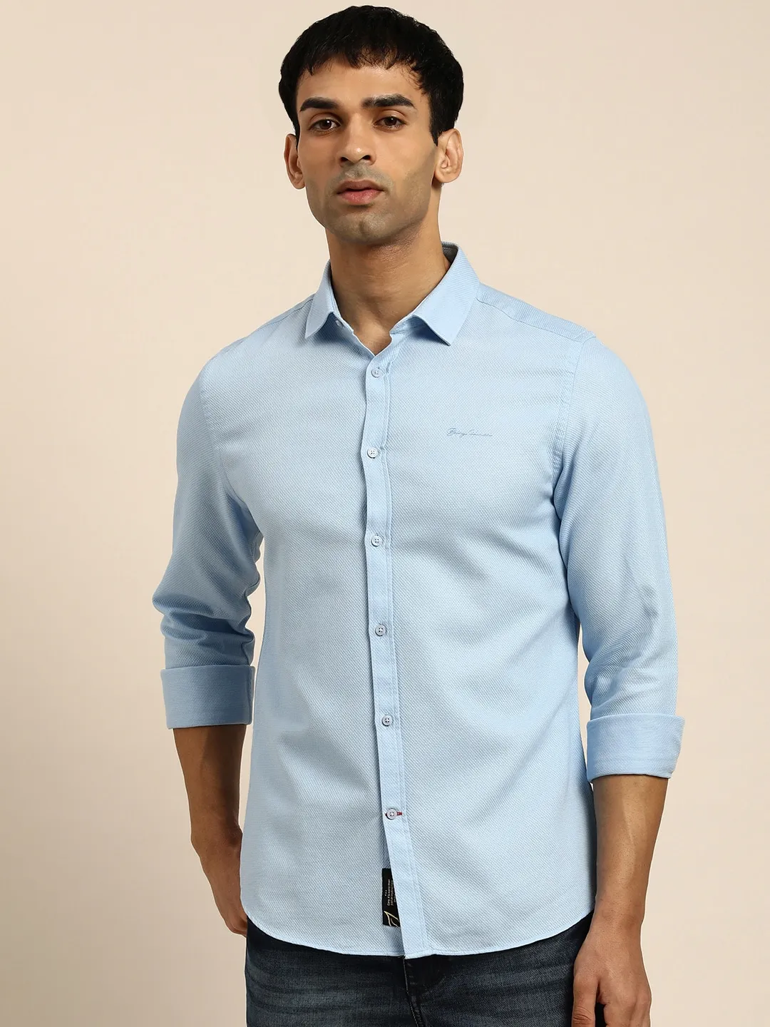 Blue Slim Straight Fit Regular Collar Long Sleeves Men's Shirt by Being Human Clothing