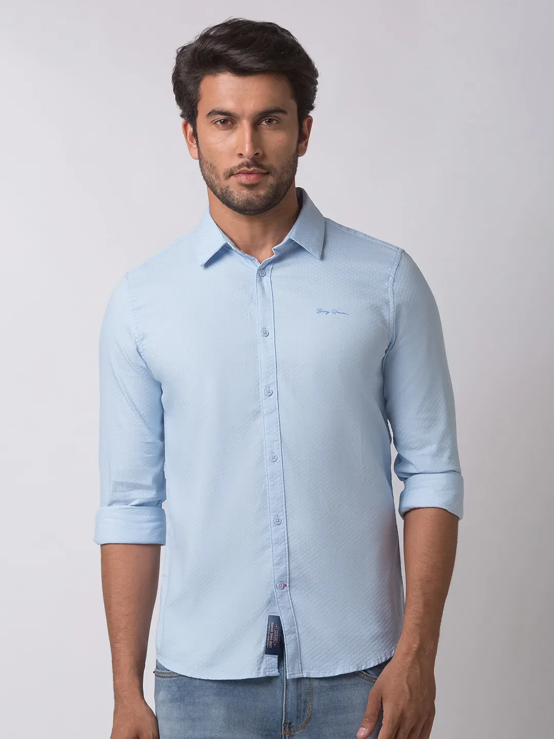 Blue Slim Straight Fit Regular Collar Long Sleeves Cotton Men's Shirt by Being Human Clothing