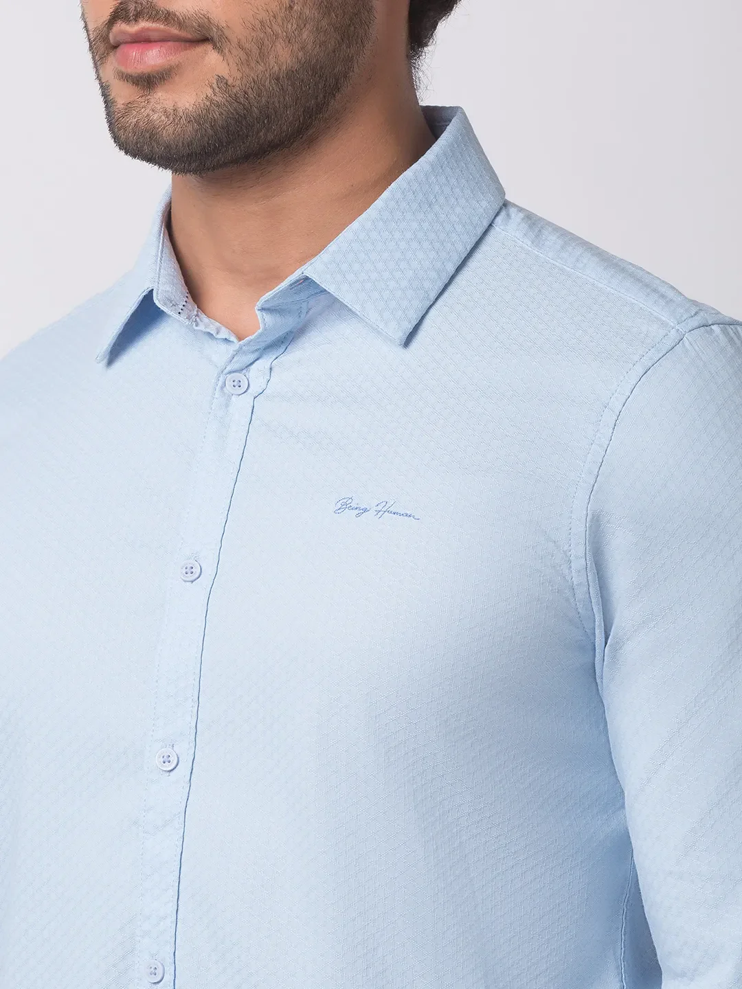 Blue Slim Straight Fit Regular Collar Long Sleeves Cotton Men's Shirt by Being Human Clothing - Image 3