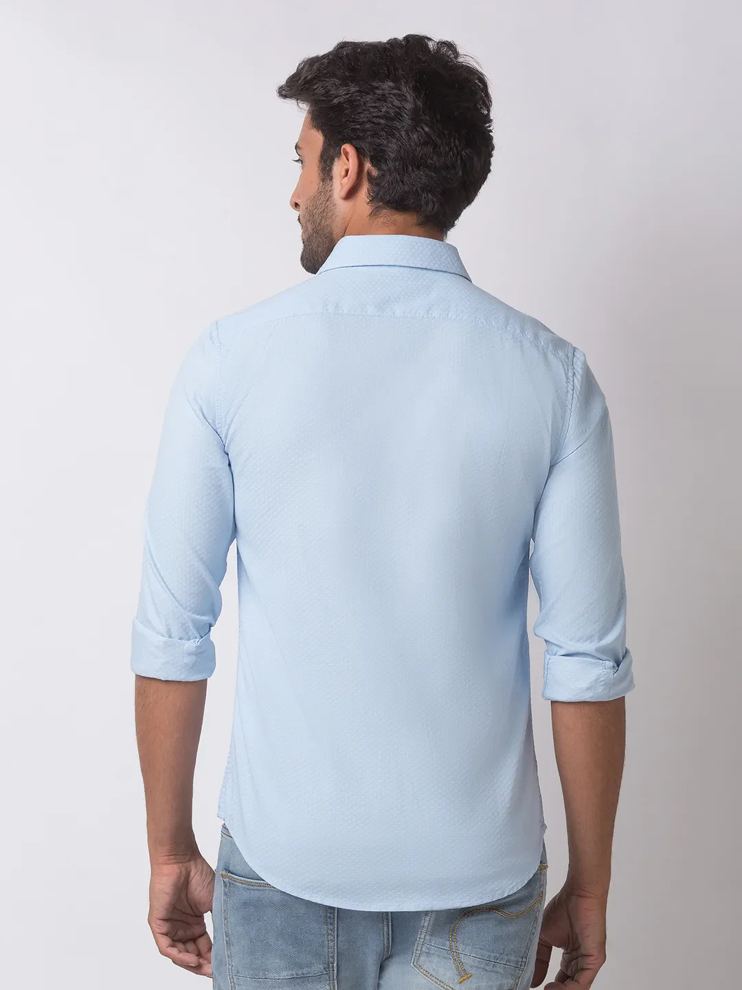 Blue Slim Straight Fit Regular Collar Long Sleeves Cotton Men's Shirt by Being Human Clothing - Image 4
