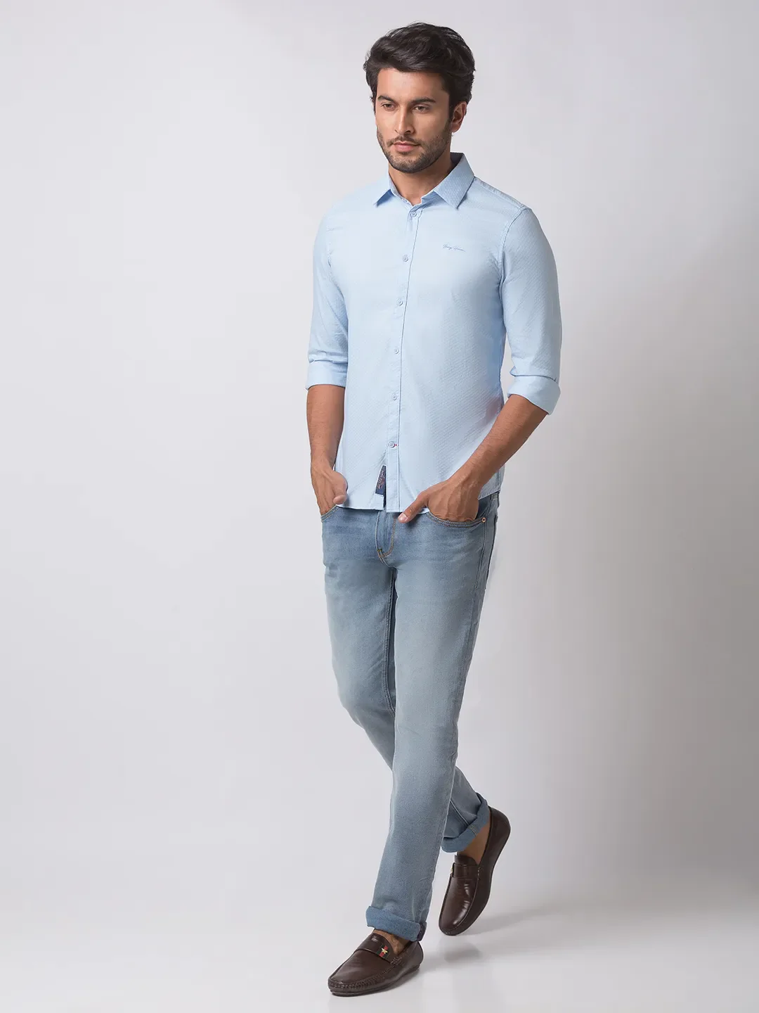 Blue Slim Straight Fit Regular Collar Long Sleeves Cotton Men's Shirt by Being Human Clothing - Image 5