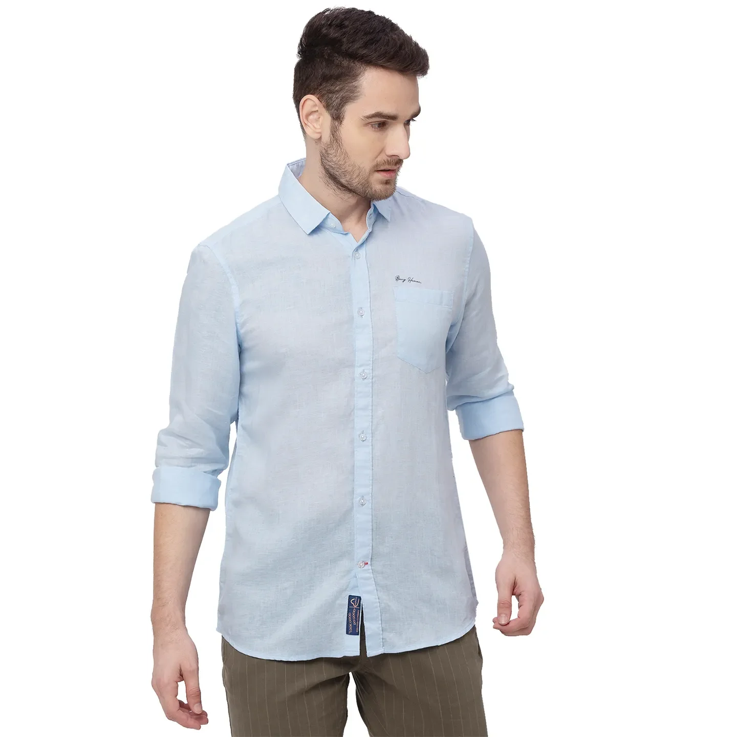 Blue Slim Straight Fit Regular Collar Long Sleeves Linen Men's Shirt by Being Human Clothing