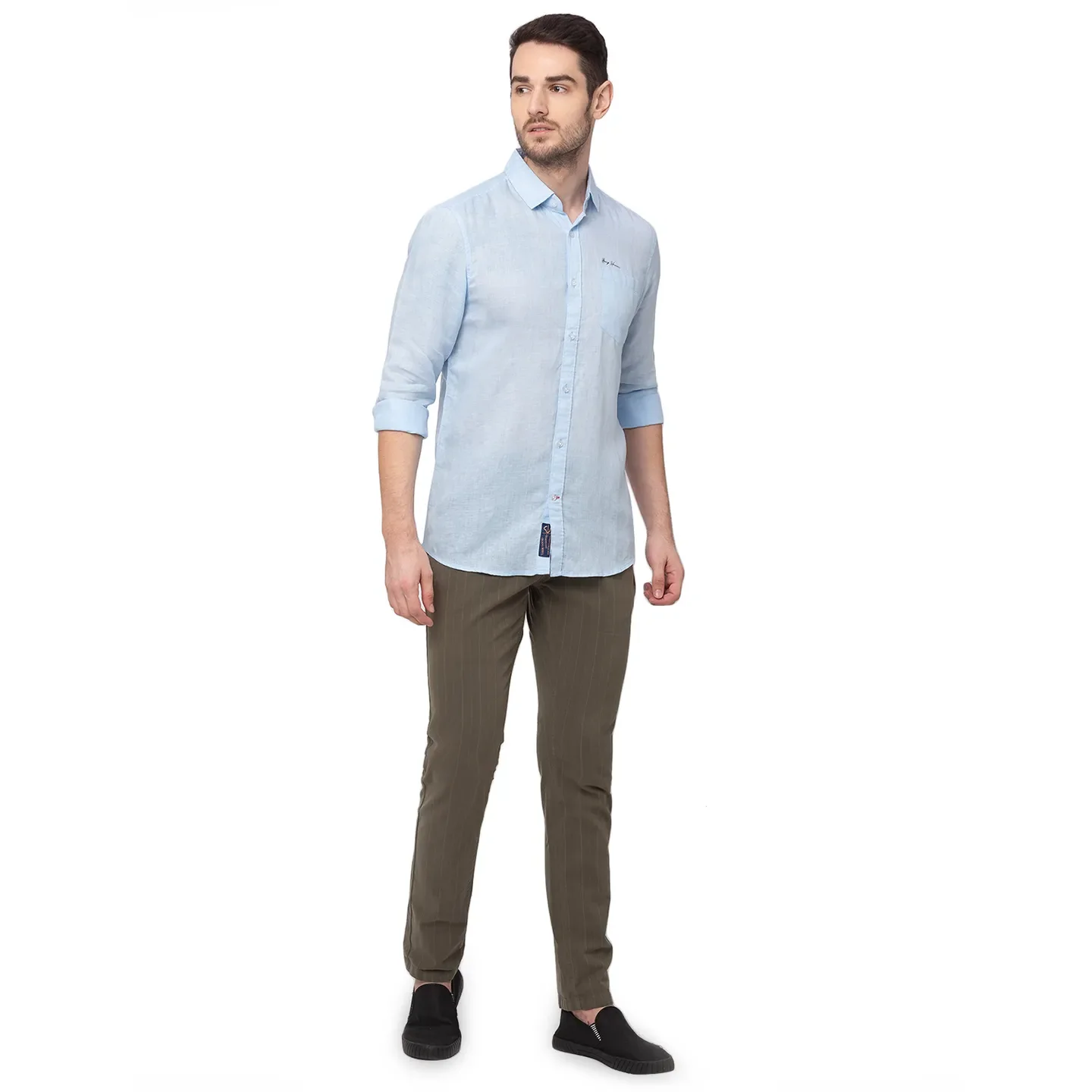 Blue Slim Straight Fit Regular Collar Long Sleeves Linen Men's Shirt by Being Human Clothing - Image 4