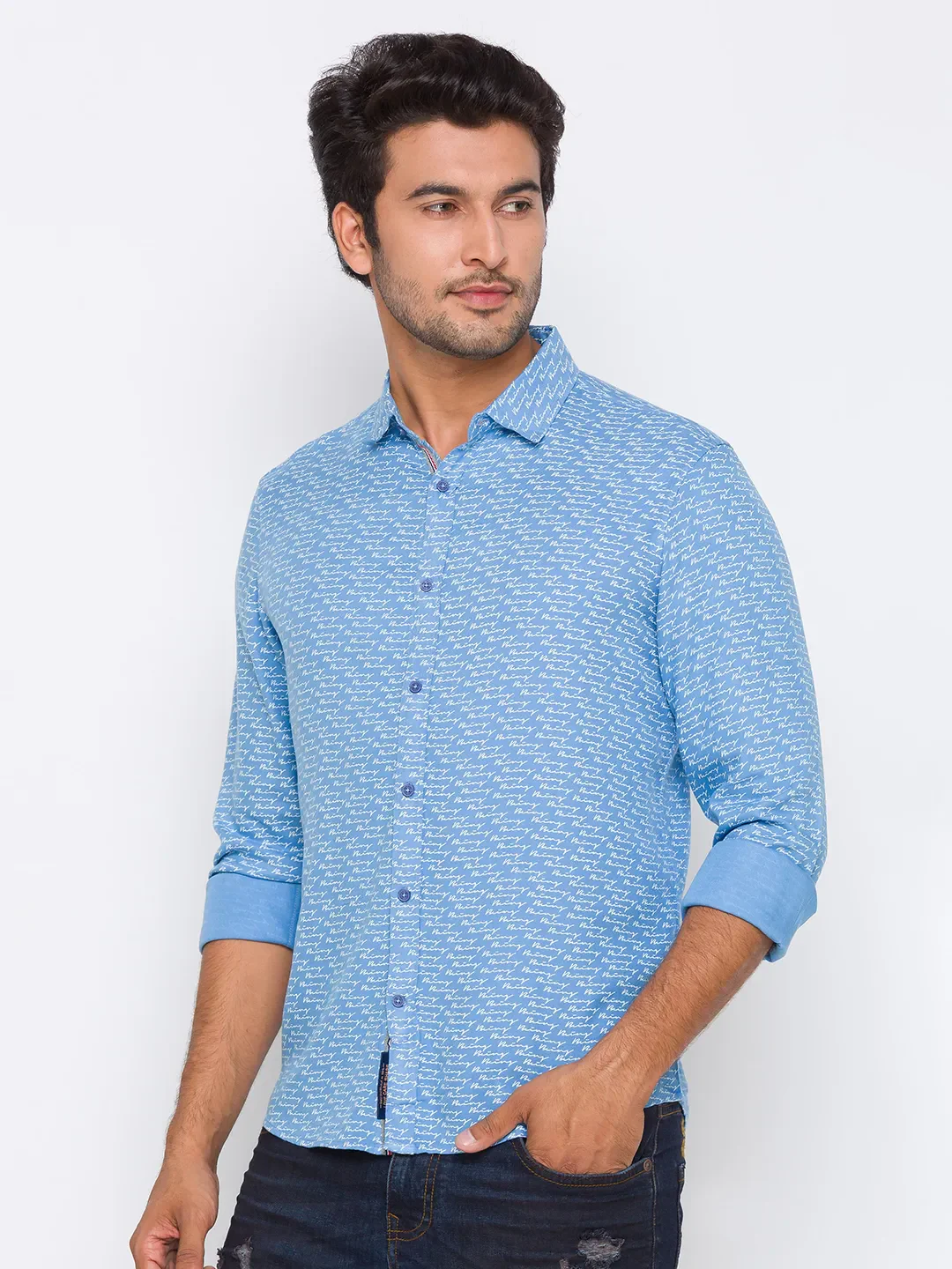 Blue Slim Straight Fit Regular Collar Long Sleeves Cotton Men's Shirt by Being Human Clothing - Image 2