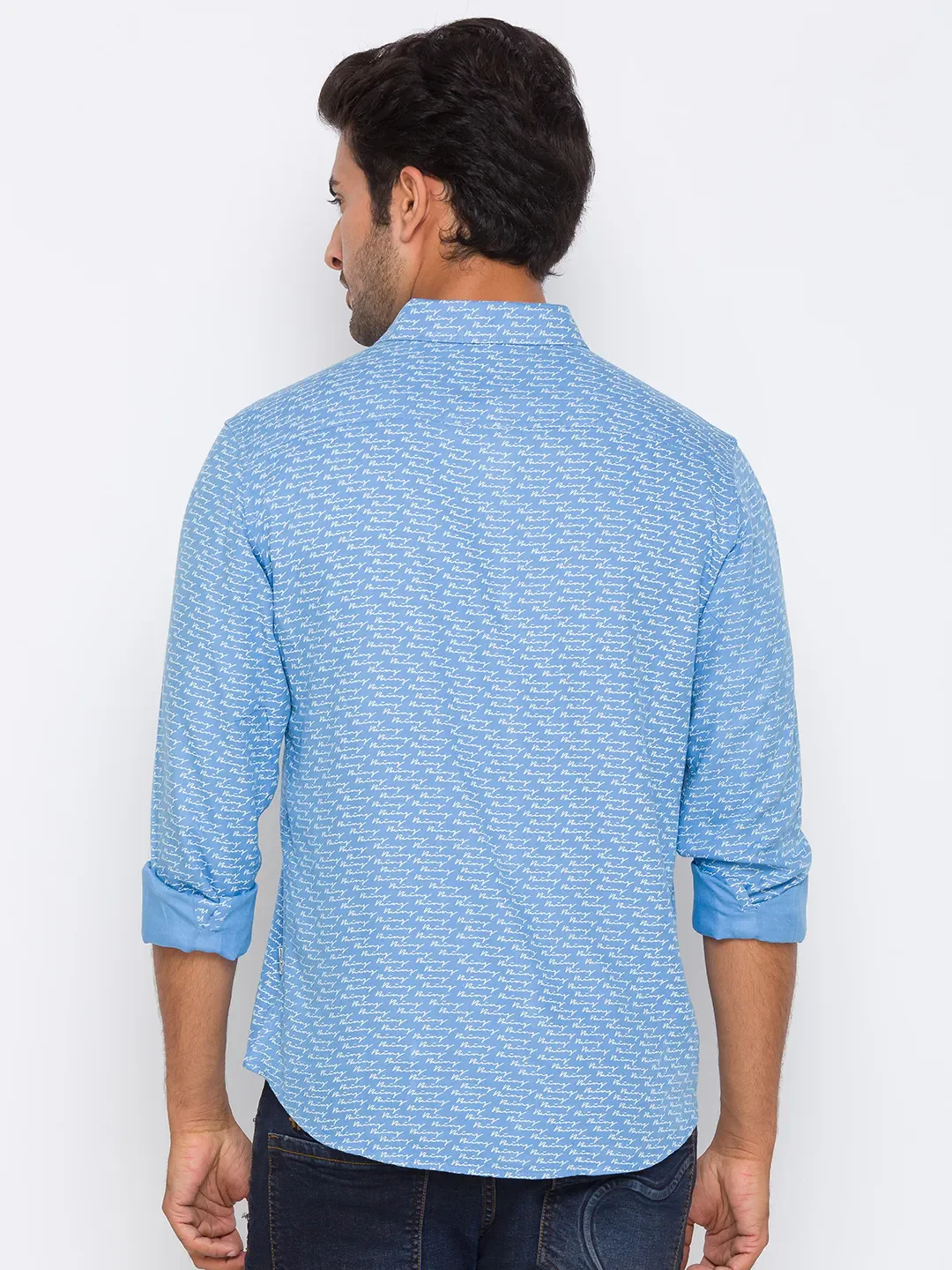Blue Slim Straight Fit Regular Collar Long Sleeves Cotton Men's Shirt by Being Human Clothing - Image 3