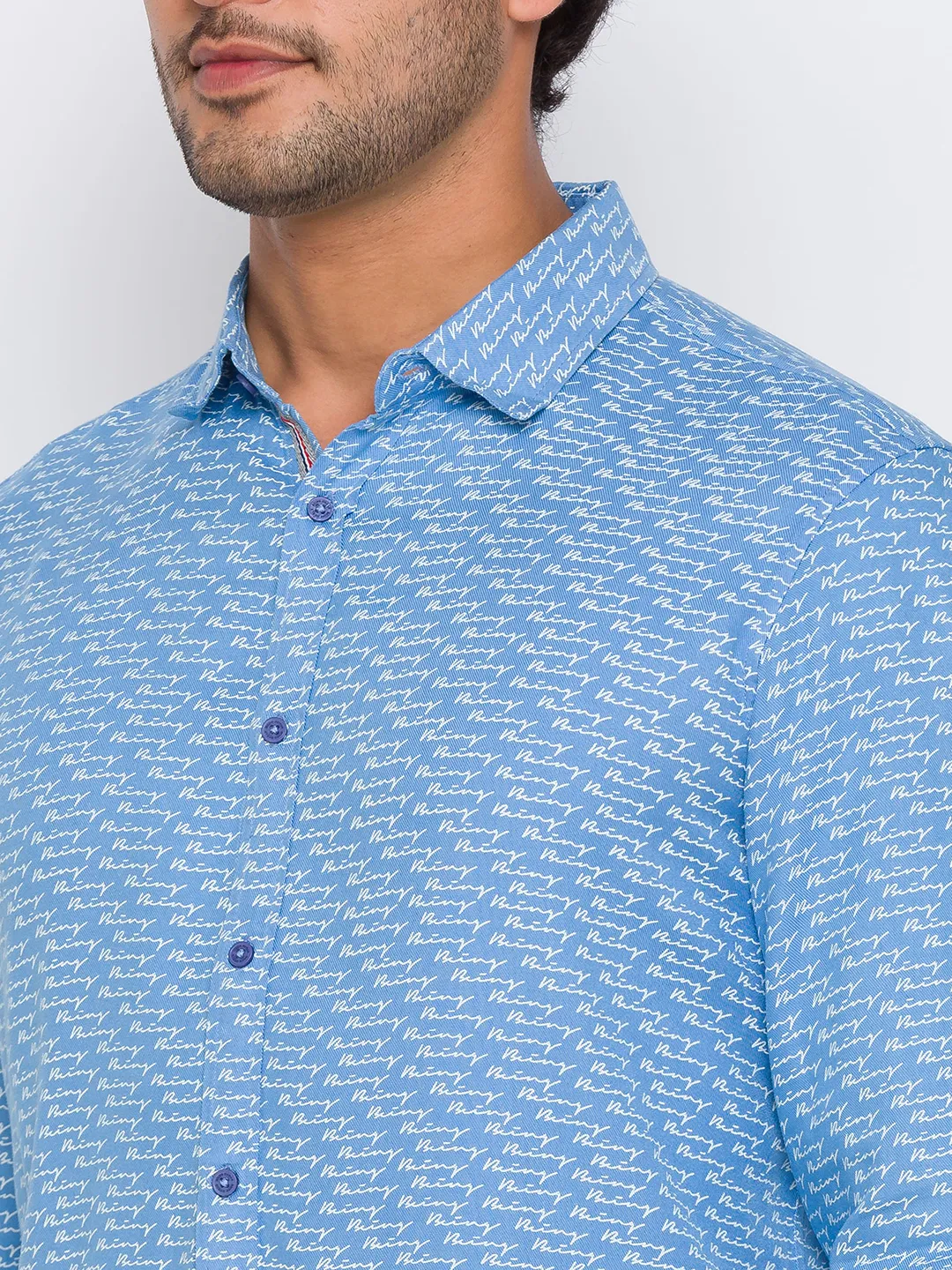 Blue Slim Straight Fit Regular Collar Long Sleeves Cotton Men's Shirt by Being Human Clothing - Image 4