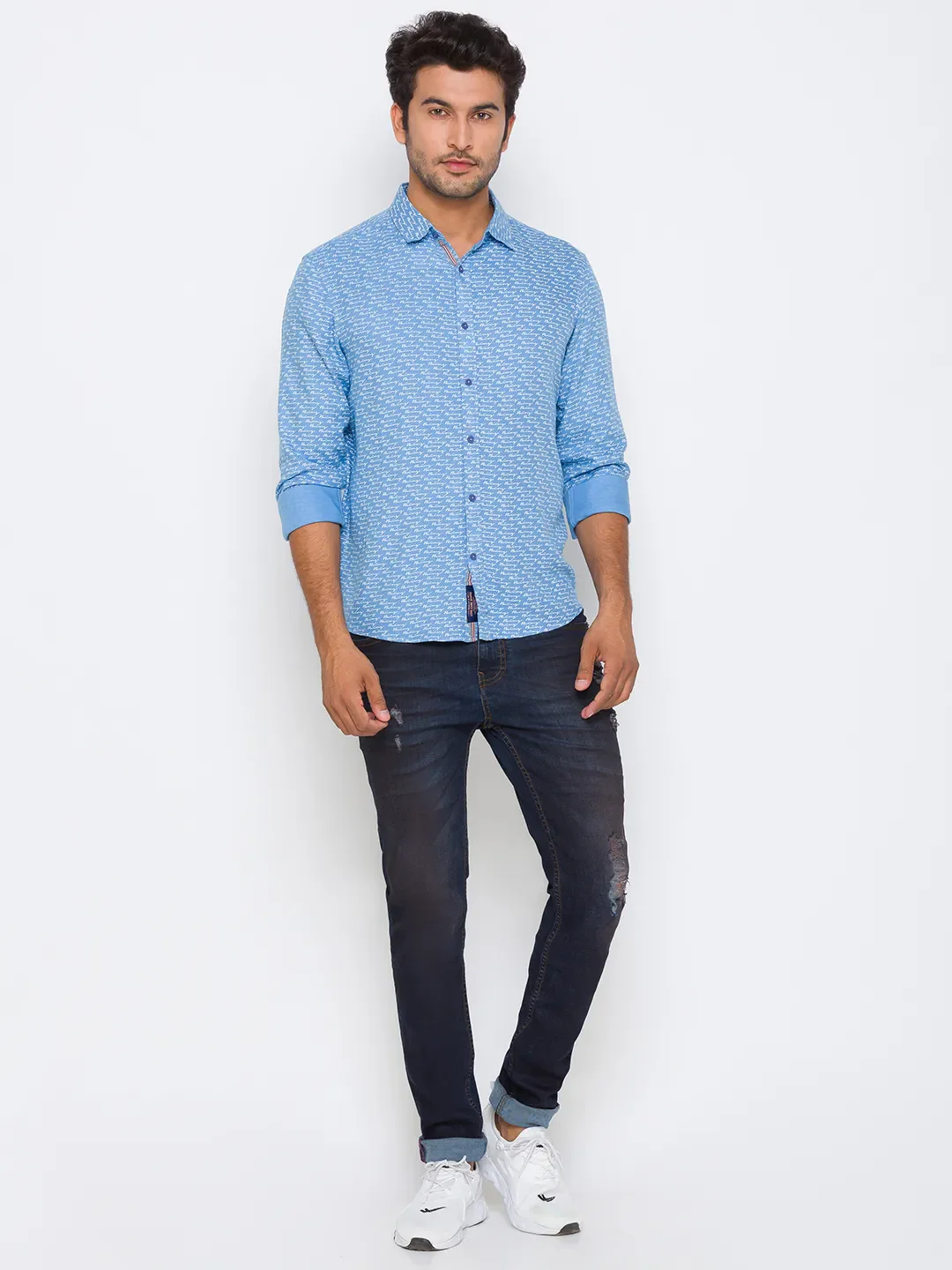 Blue Slim Straight Fit Regular Collar Long Sleeves Cotton Men's Shirt by Being Human Clothing - Image 5