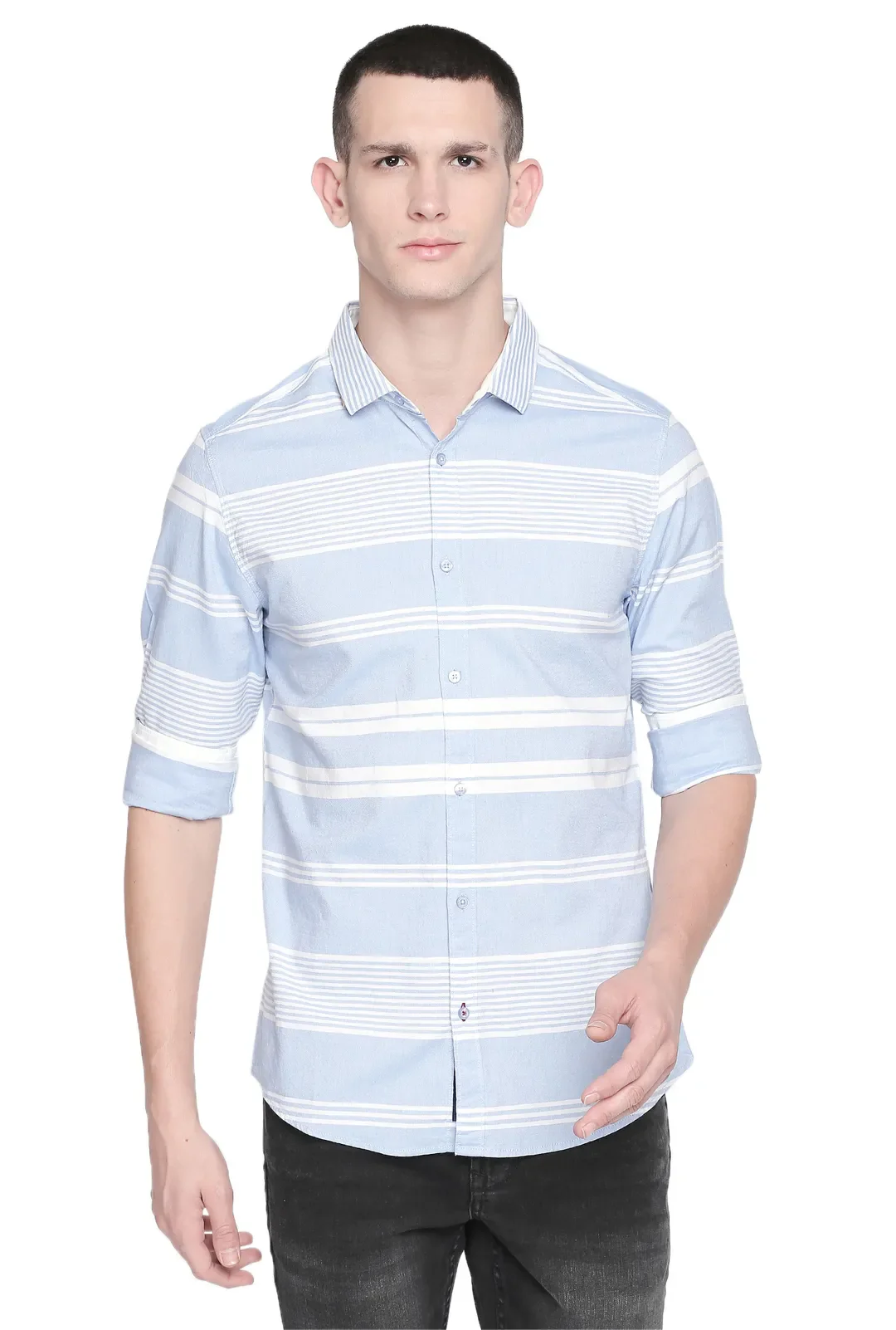 Blue Slim Straight Fit Regular Collar Long Sleeves Men's Shirt by Being Human Clothing