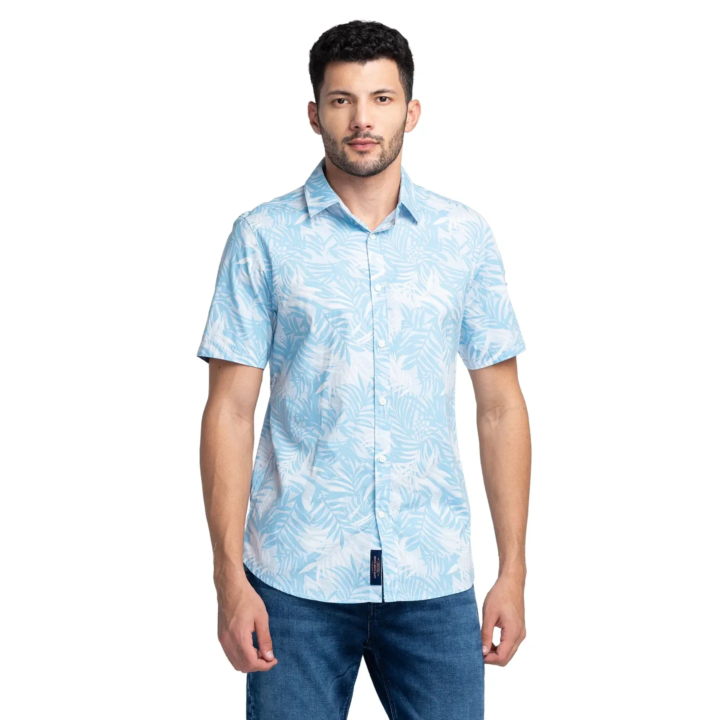 Blue Slim Straight Fit Regular Collar Short Sleeves Cotton Men's Shirt by Being Human Clothing