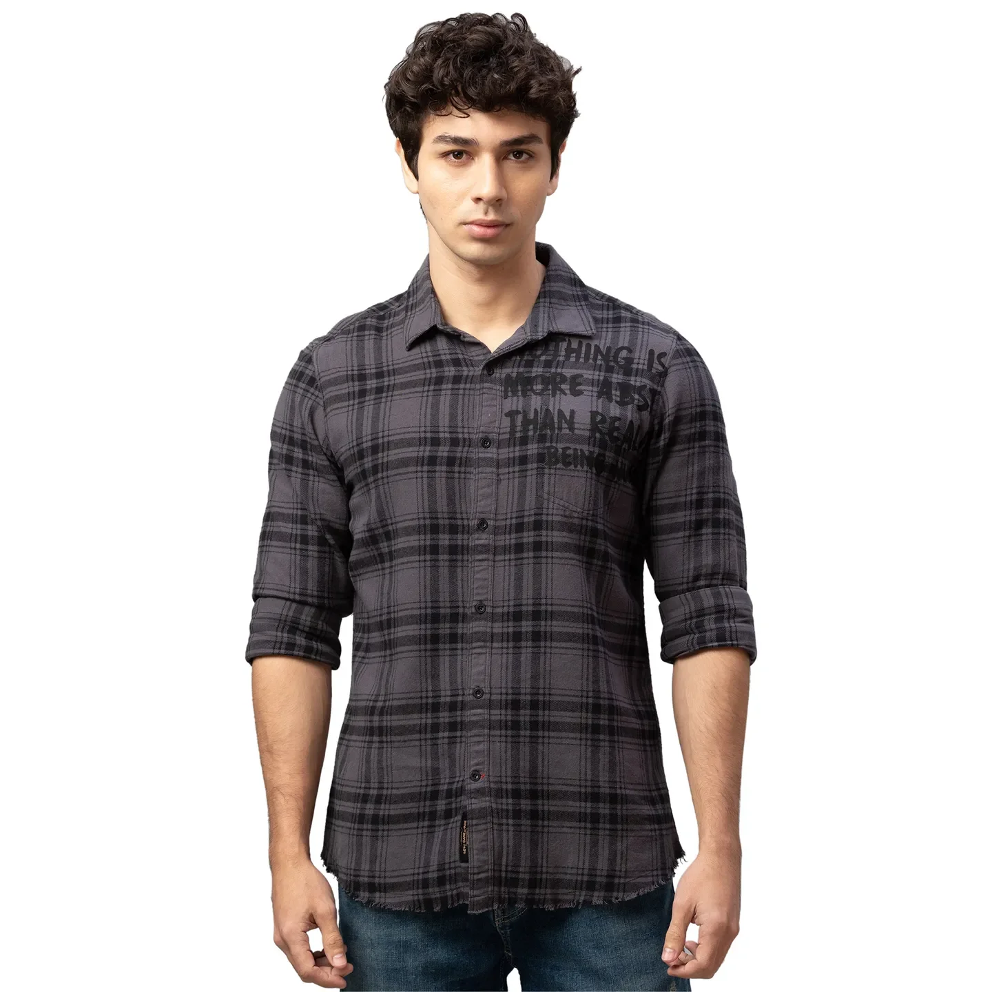 Grey Slim Straight Fit Regular Collar Long Sleeves Cotton Men's Shirt by Being Human Clothing