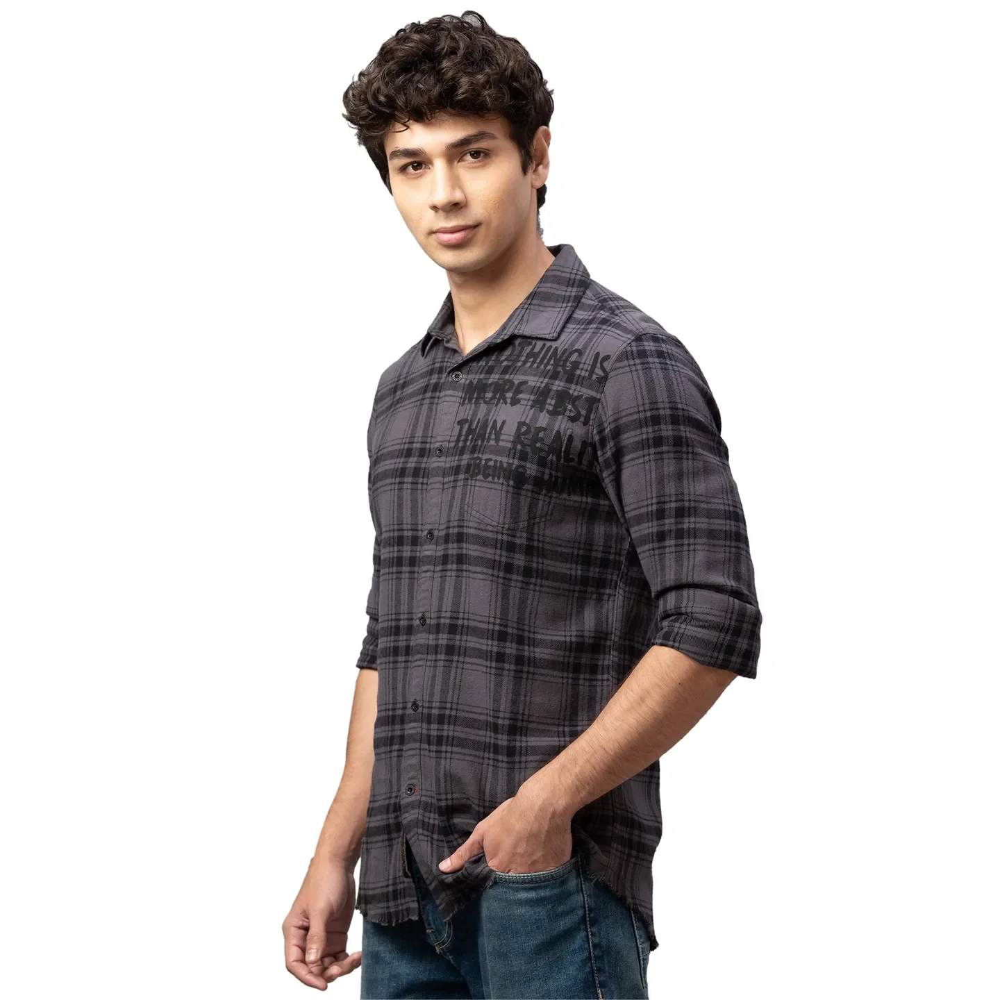 Grey Slim Straight Fit Regular Collar Long Sleeves Cotton Men's Shirt by Being Human Clothing - Image 2