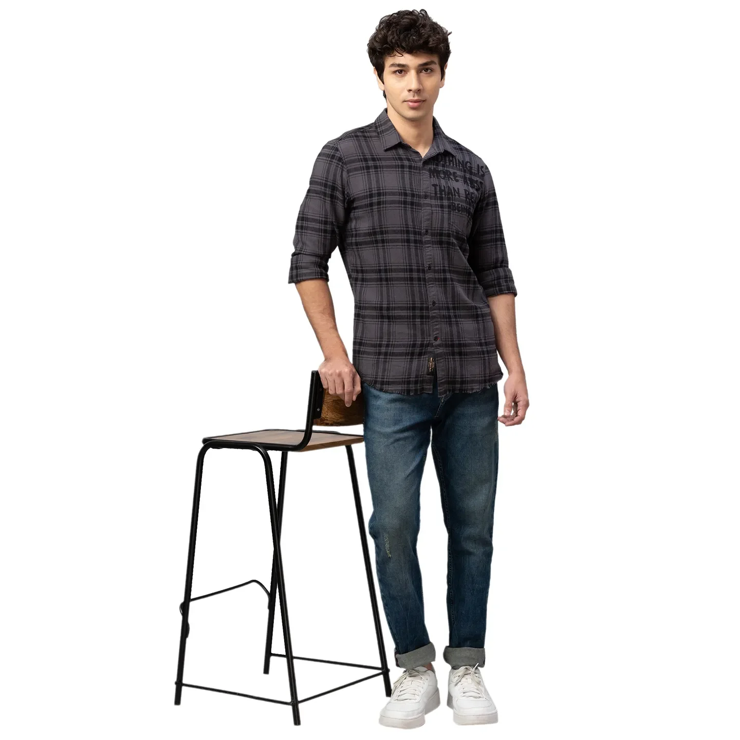 Grey Slim Straight Fit Regular Collar Long Sleeves Cotton Men's Shirt by Being Human Clothing - Image 5