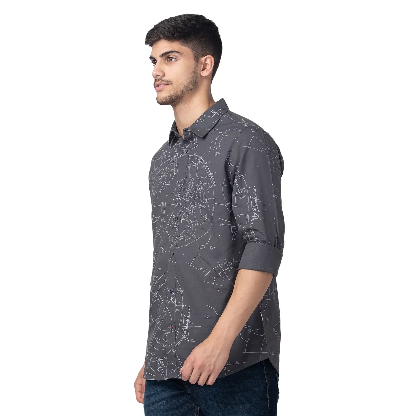 Grey Slim Straight Fit Regular Collar Long Sleeves Cotton Men's Shirt by Being Human Clothing - Image 2