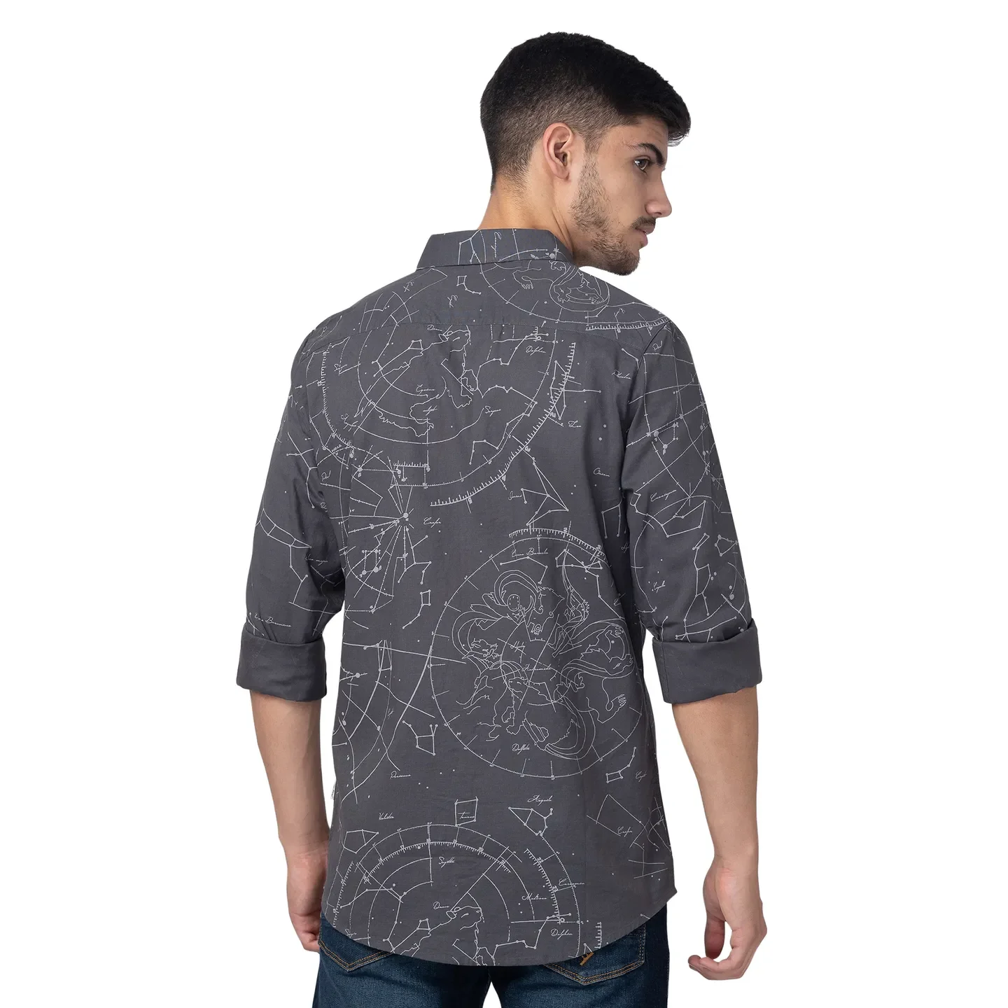 Grey Slim Straight Fit Regular Collar Long Sleeves Cotton Men's Shirt by Being Human Clothing - Image 3