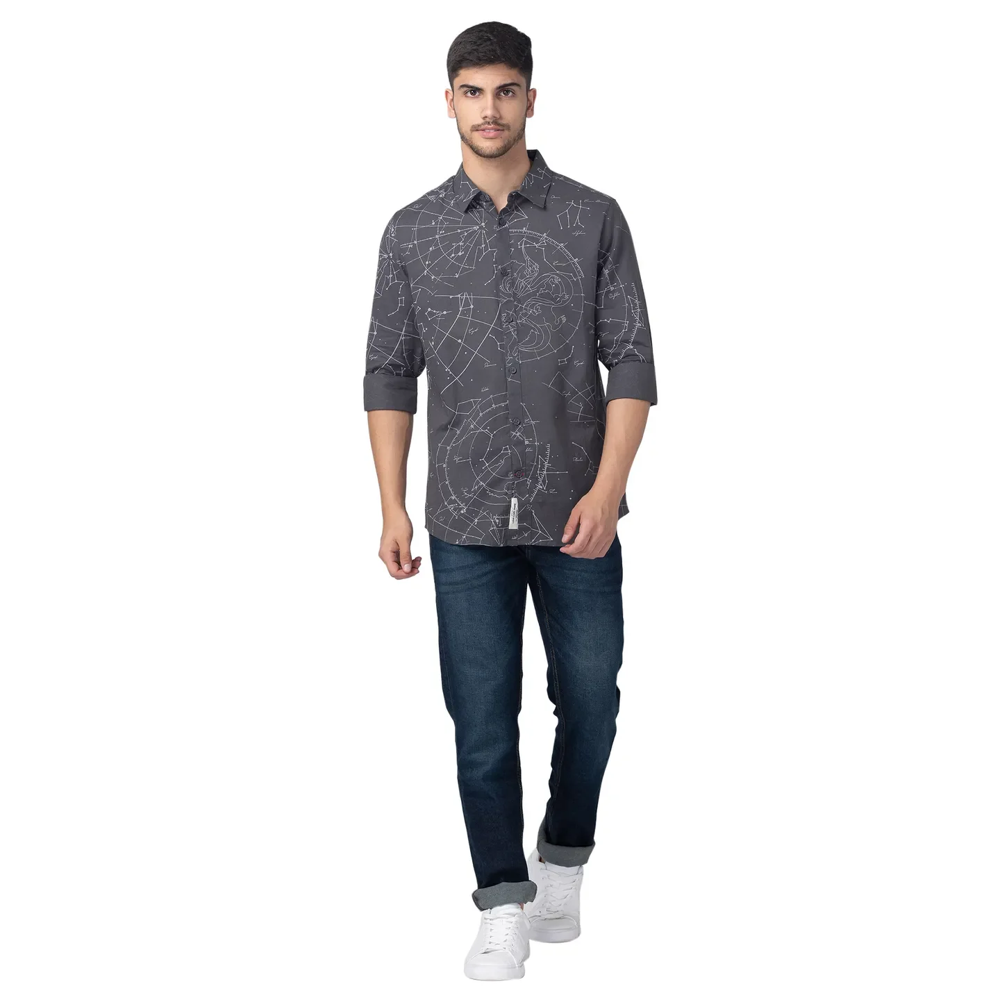 Grey Slim Straight Fit Regular Collar Long Sleeves Cotton Men's Shirt by Being Human Clothing - Image 5