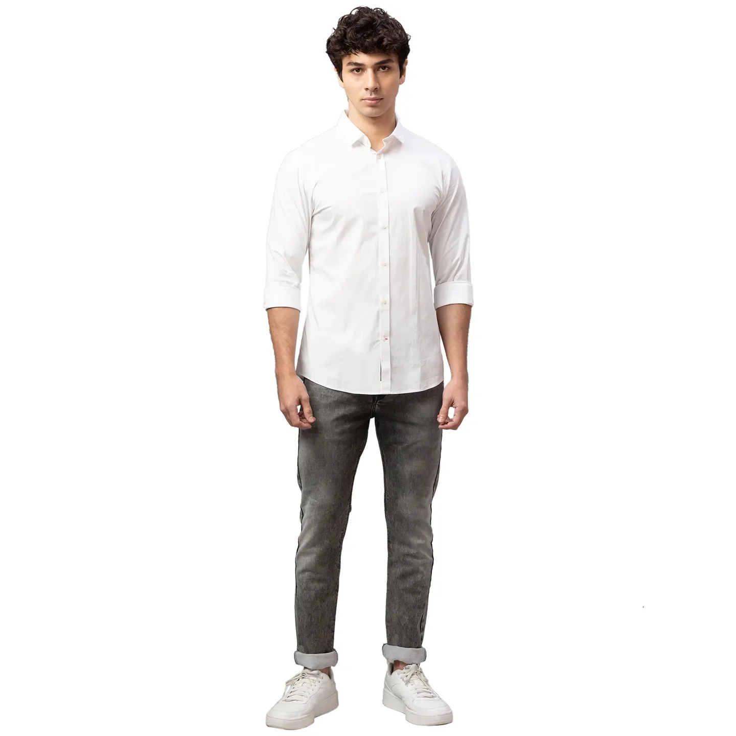 White Skinny Straight Fit Regular Collar Long Sleeves Cotton Men's Shirt by Being Human Clothing - Image 2