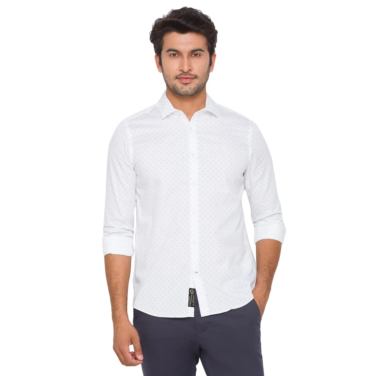 White Slim Straight Fit Regular Collar Long Sleeves Cotton Men's Shirt by Being Human Clothing