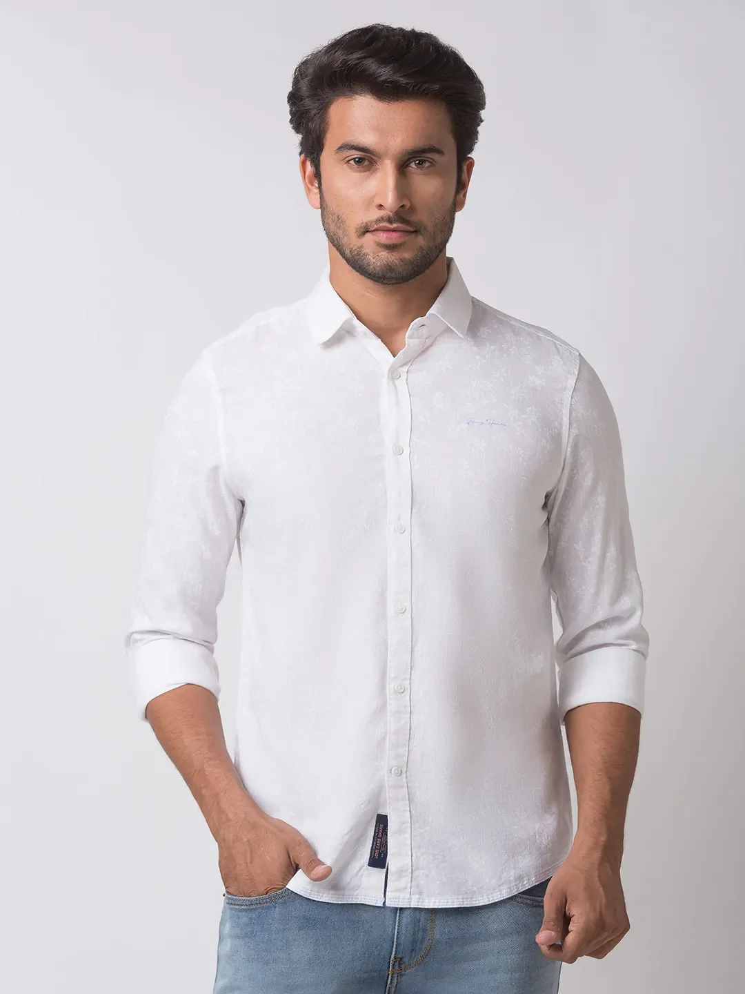 White Slim Straight Fit Regular Collar Long Sleeves Cotton Men's Shirt by Being Human Clothing