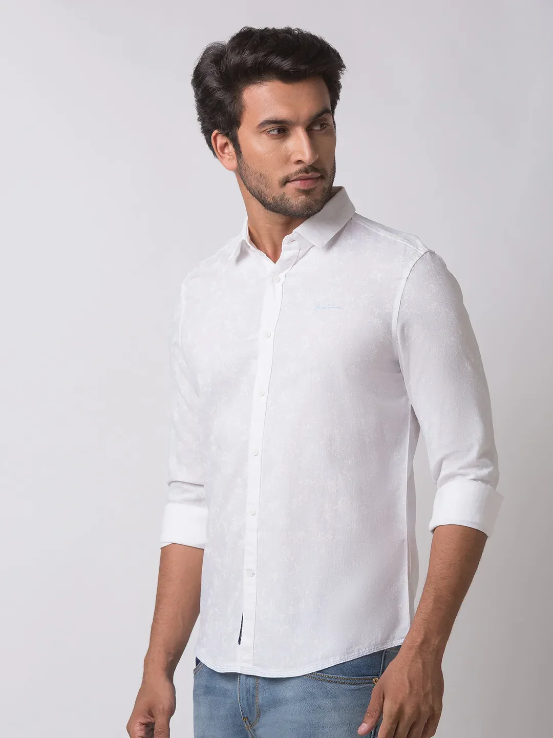 White Slim Straight Fit Regular Collar Long Sleeves Cotton Men's Shirt by Being Human Clothing - Image 2
