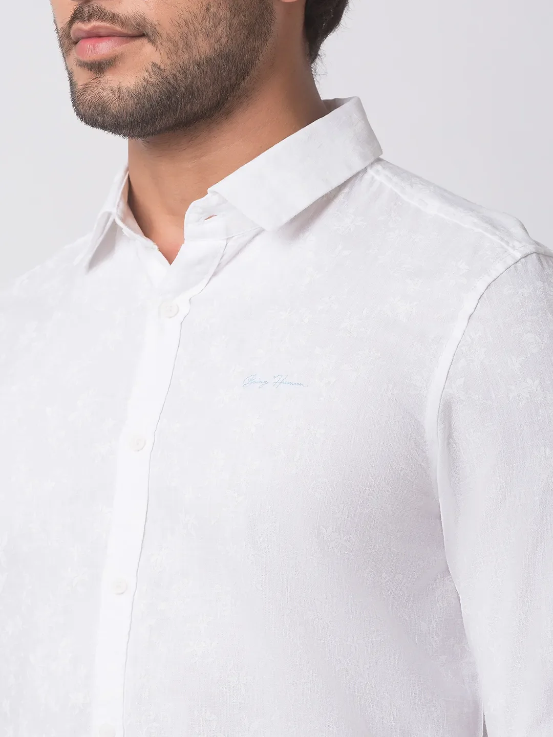 White Slim Straight Fit Regular Collar Long Sleeves Cotton Men's Shirt by Being Human Clothing - Image 3