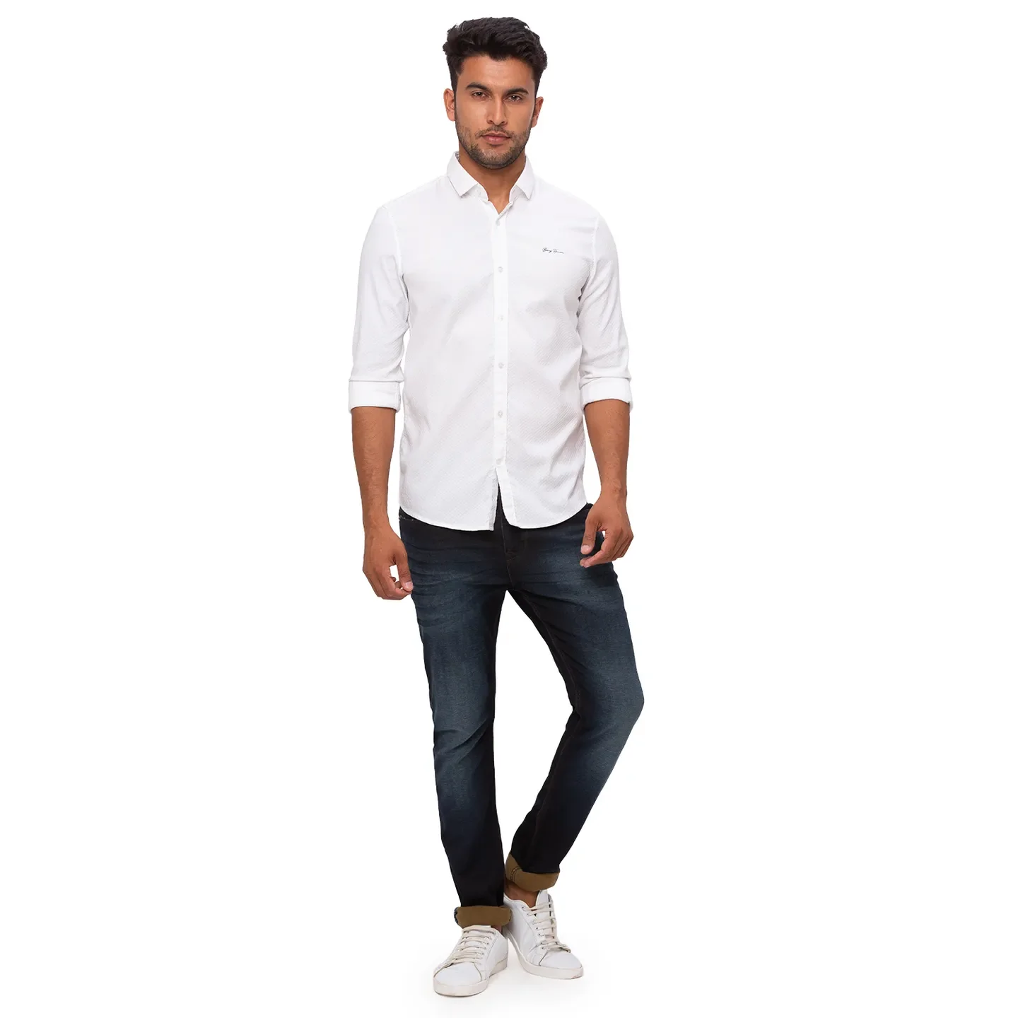 White Slim Straight Fit Regular Collar Long Sleeves Cotton Men's Shirt by Being Human Clothing - Image 5