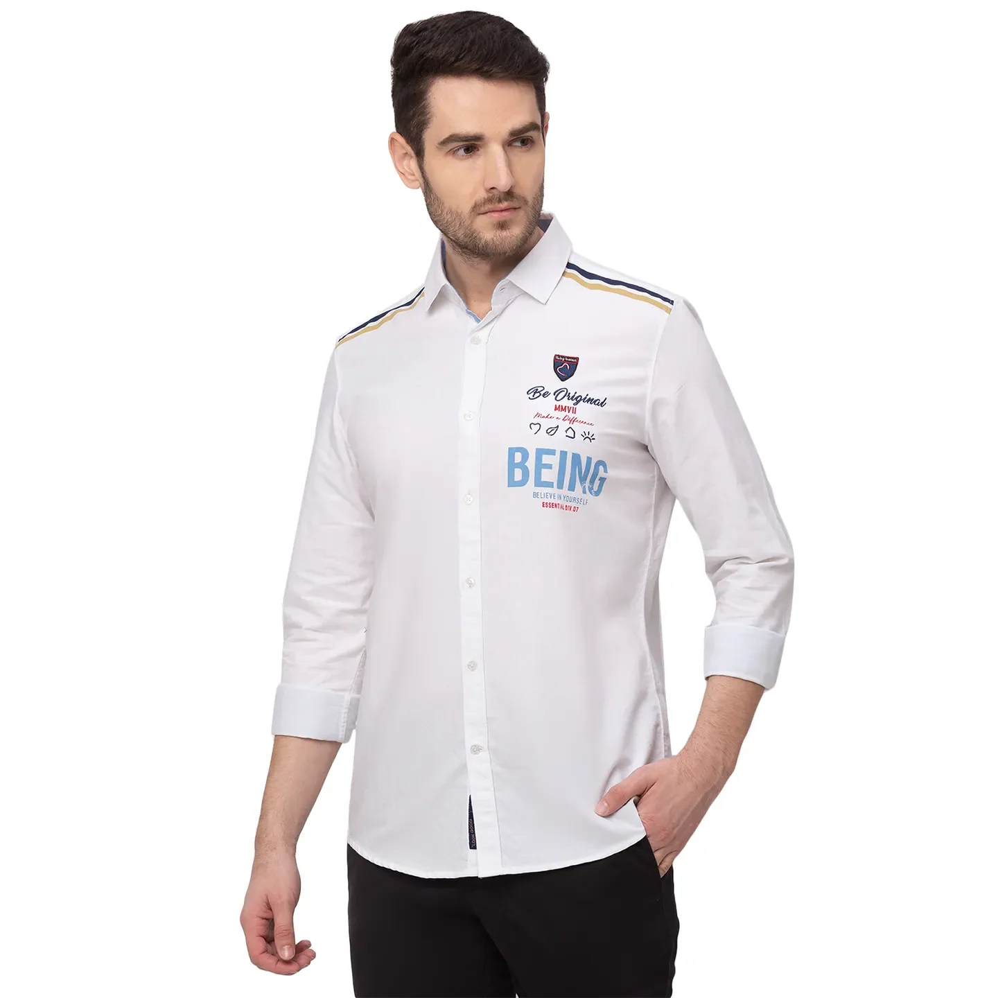 White Slim Straight Fit Regular Collar Long Sleeves Cotton Men's Shirt by Being Human Clothing - Image 3
