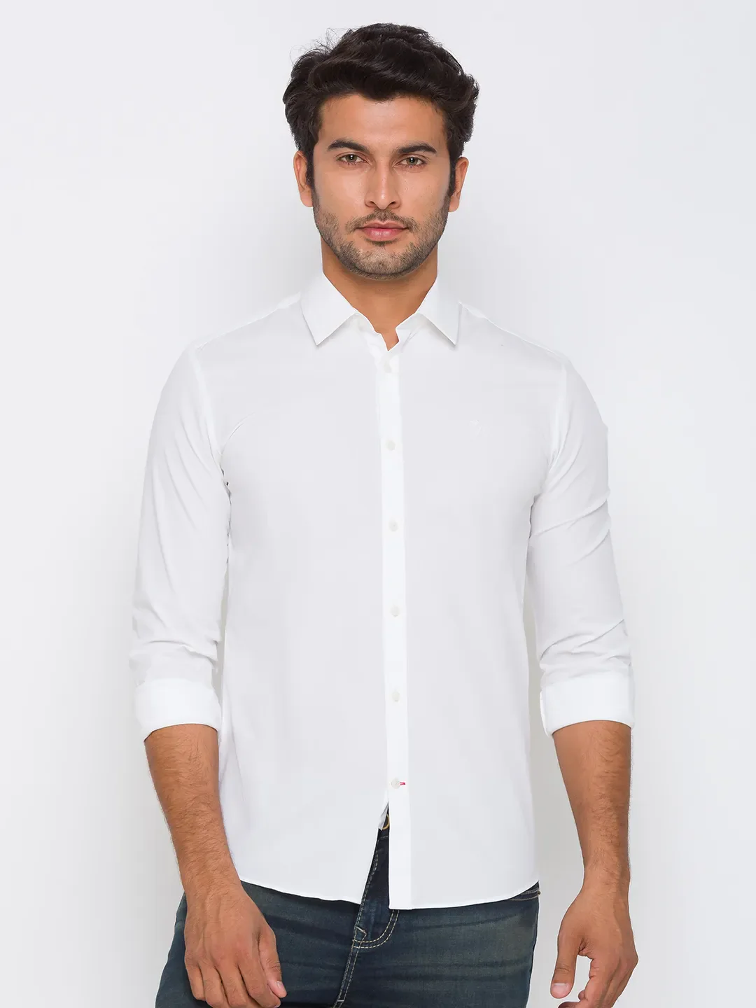 White Slim Straight Fit Regular Collar Long Sleeves Cotton Men's Shirt by Being Human Clothing