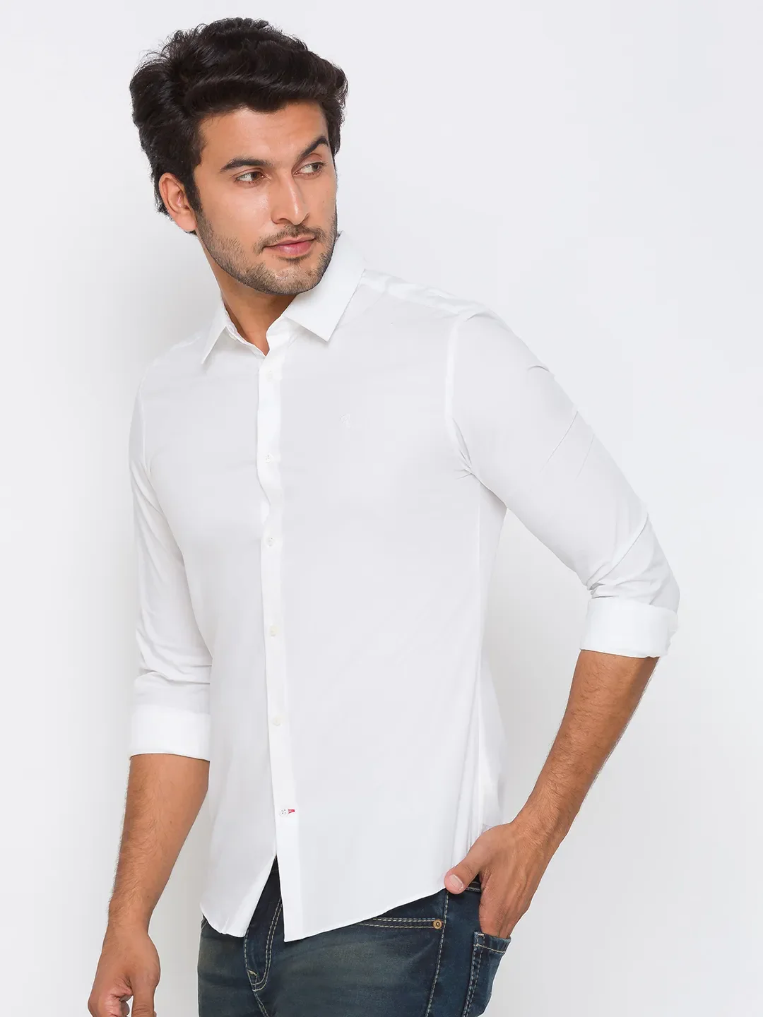 White Slim Straight Fit Regular Collar Long Sleeves Cotton Men's Shirt by Being Human Clothing - Image 2