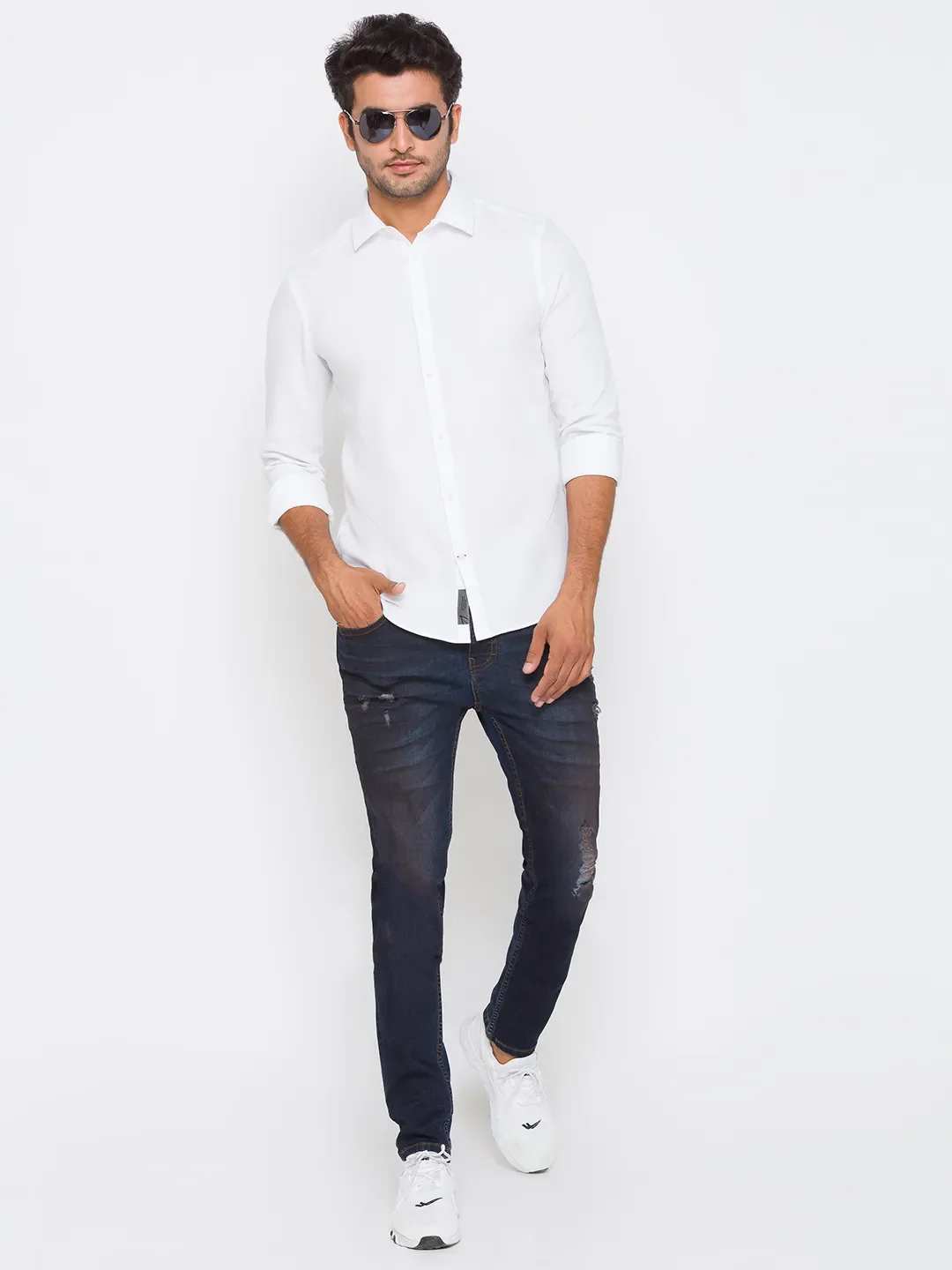White Slim Straight Fit Regular Collar Long Sleeves Cotton Men's Shirt by Being Human Clothing - Image 5