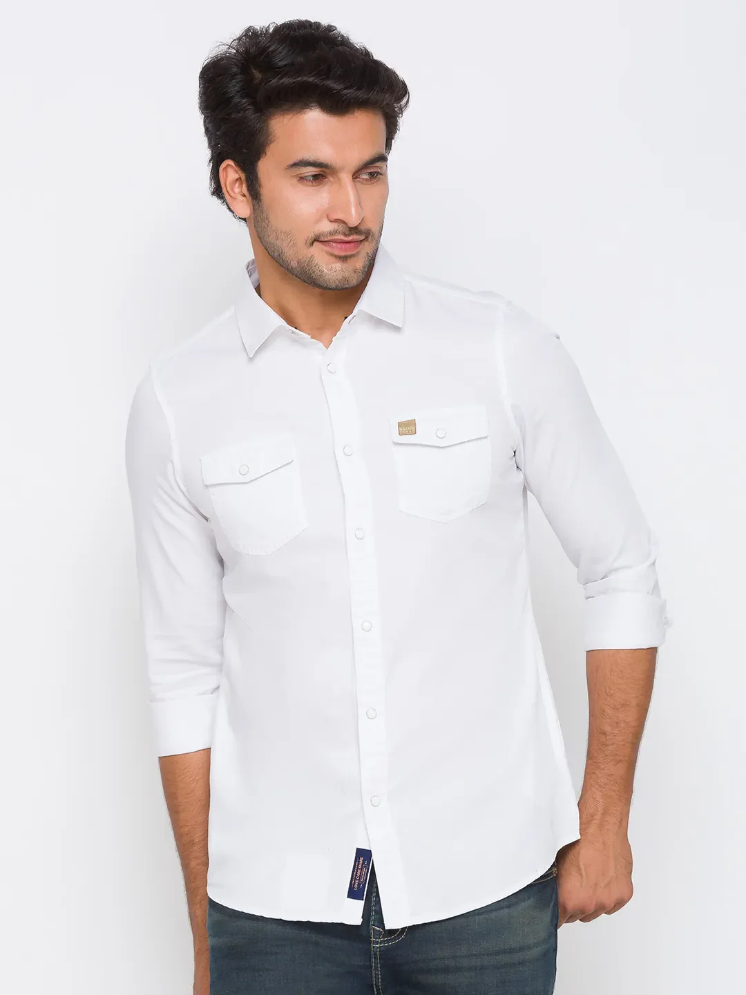 White Slim Straight Fit Regular Collar Long Sleeves Cotton Men's Shirt by Being Human Clothing