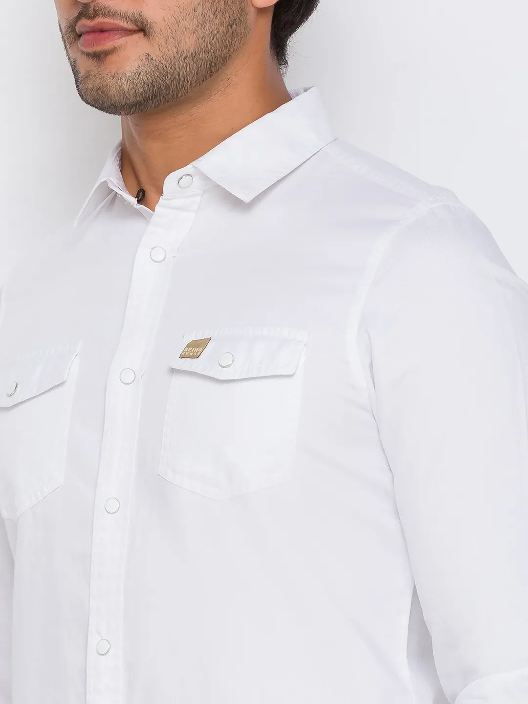 White Slim Straight Fit Regular Collar Long Sleeves Cotton Men's Shirt by Being Human Clothing - Image 4