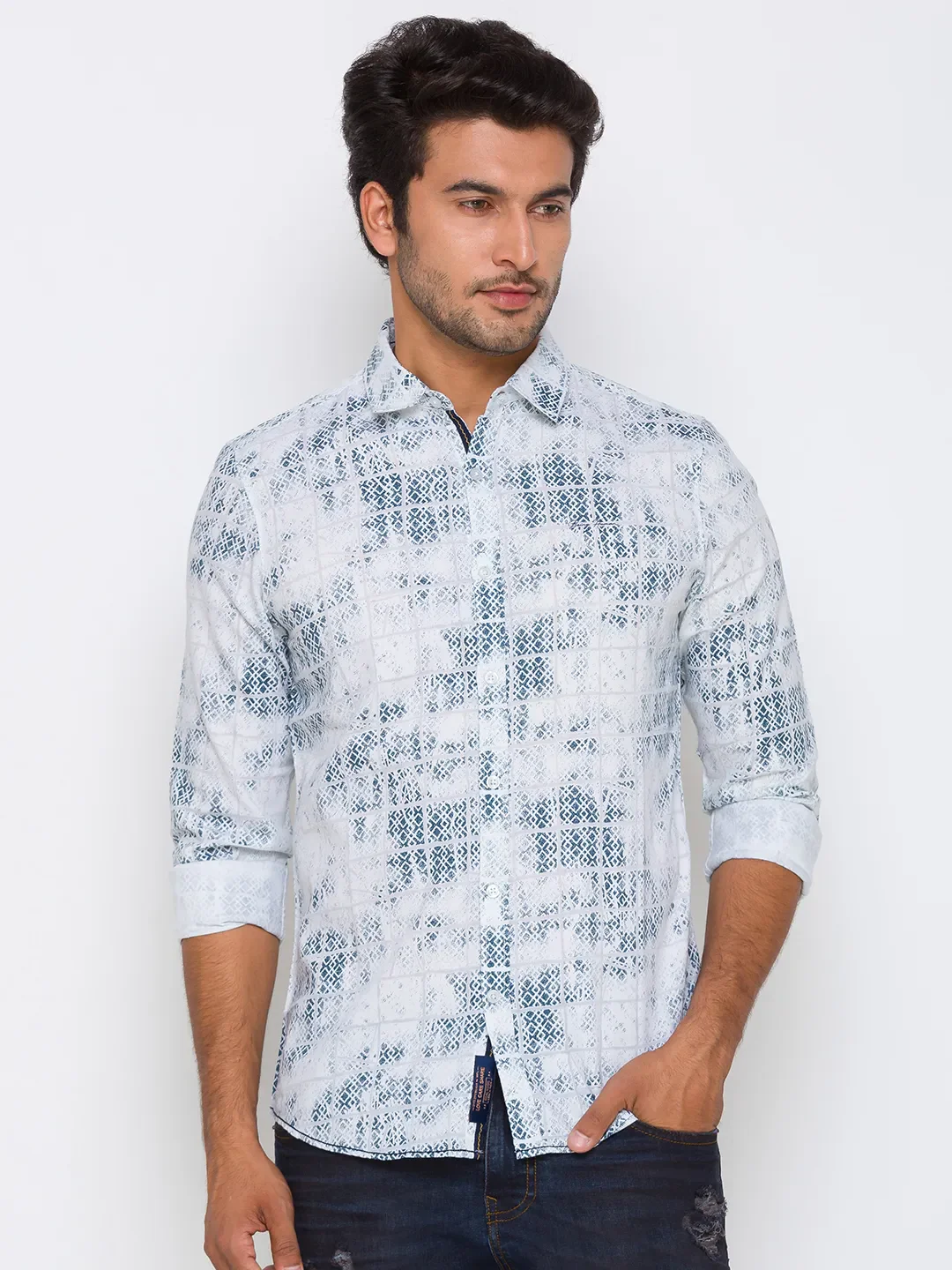 White Slim Straight Fit Regular Collar Long Sleeves Cotton Men's Shirt by Being Human Clothing