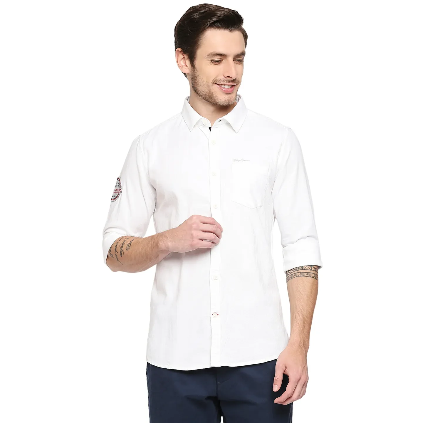 White Slim Straight Fit Regular Collar Long Sleeves Cotton Men's Shirt by Being Human Clothing