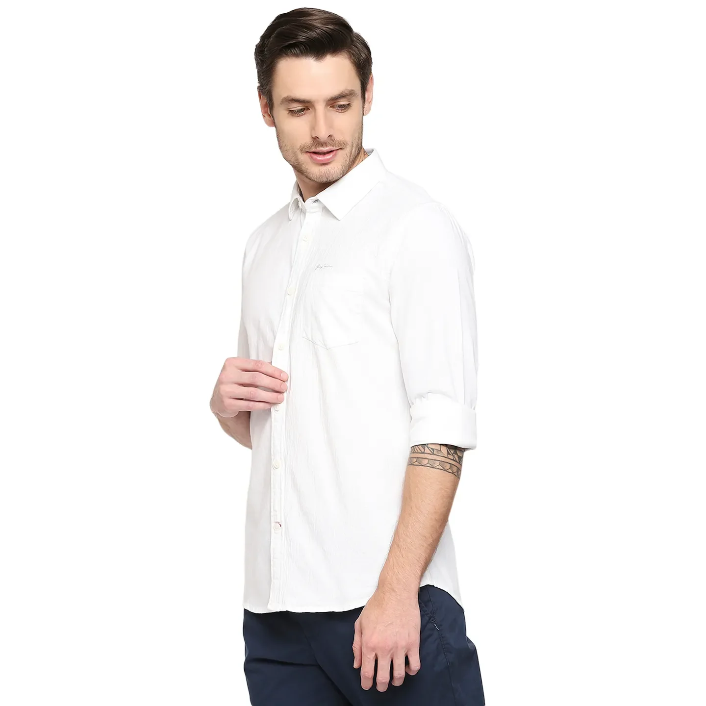 White Slim Straight Fit Regular Collar Long Sleeves Cotton Men's Shirt by Being Human Clothing - Image 2