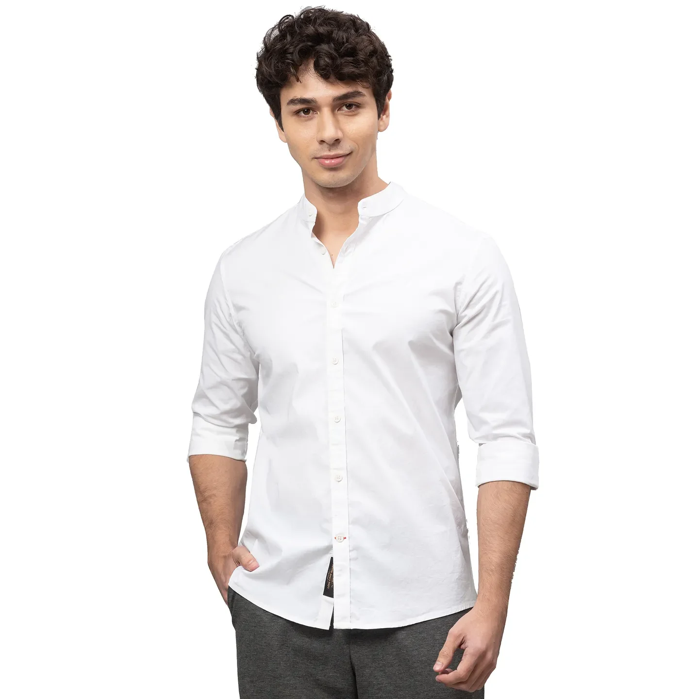 White Skinny Straight Fit Mandarin Collar Long Sleeves Cotton Men's Shirt by Being Human Clothing