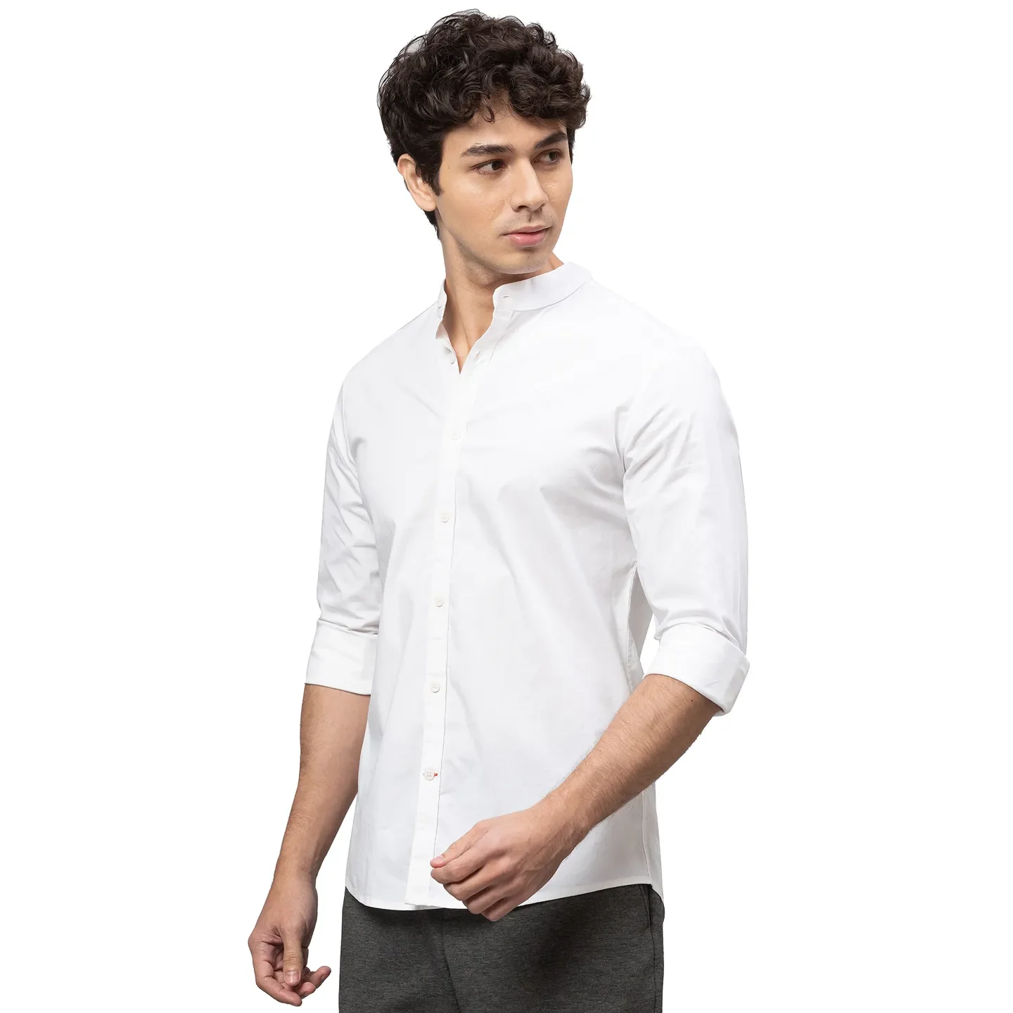 White Skinny Straight Fit Mandarin Collar Long Sleeves Cotton Men's Shirt by Being Human Clothing - Image 3