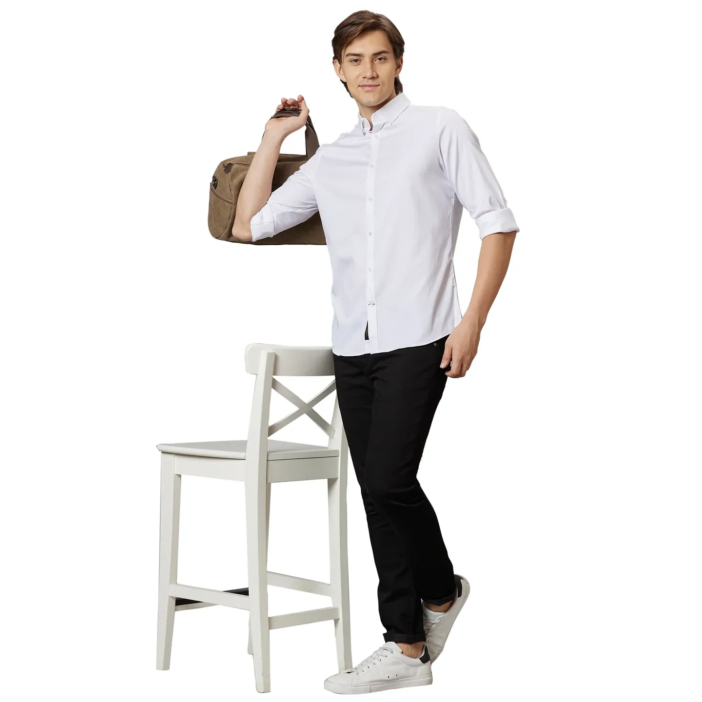 White Slim Straight Fit Regular Collar Long Sleeves Cotton Men's Shirt by Being Human Clothing - Image 5