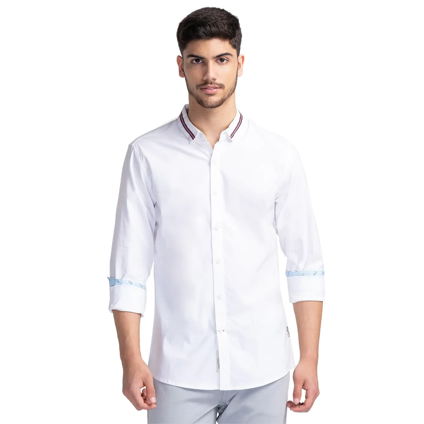 White Slim Straight Fit Regular Collar Long Sleeves Cotton Men's Shirt by Being Human Clothing