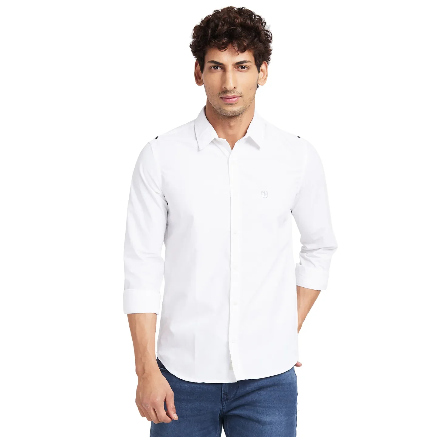 White Slim Straight Fit Regular Collar Long Sleeves Men's Shirt by Being Human Clothing