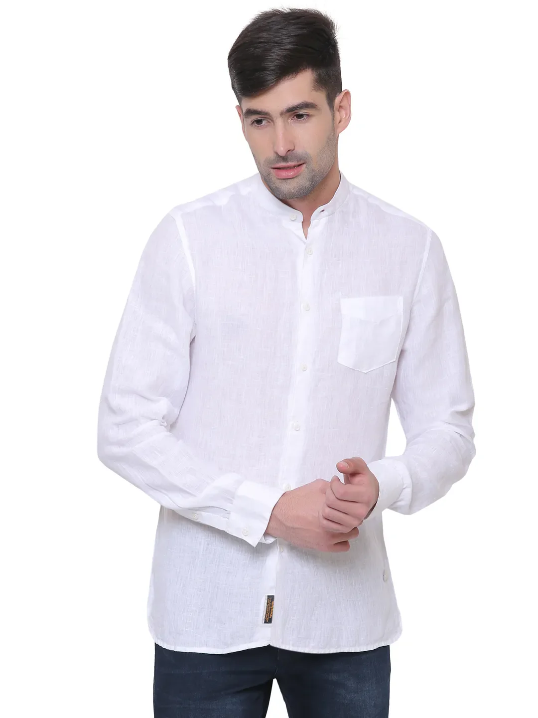 White Slim Straight Fit Mandarin Collar Long Sleeves Men's Shirt by Being Human Clothing