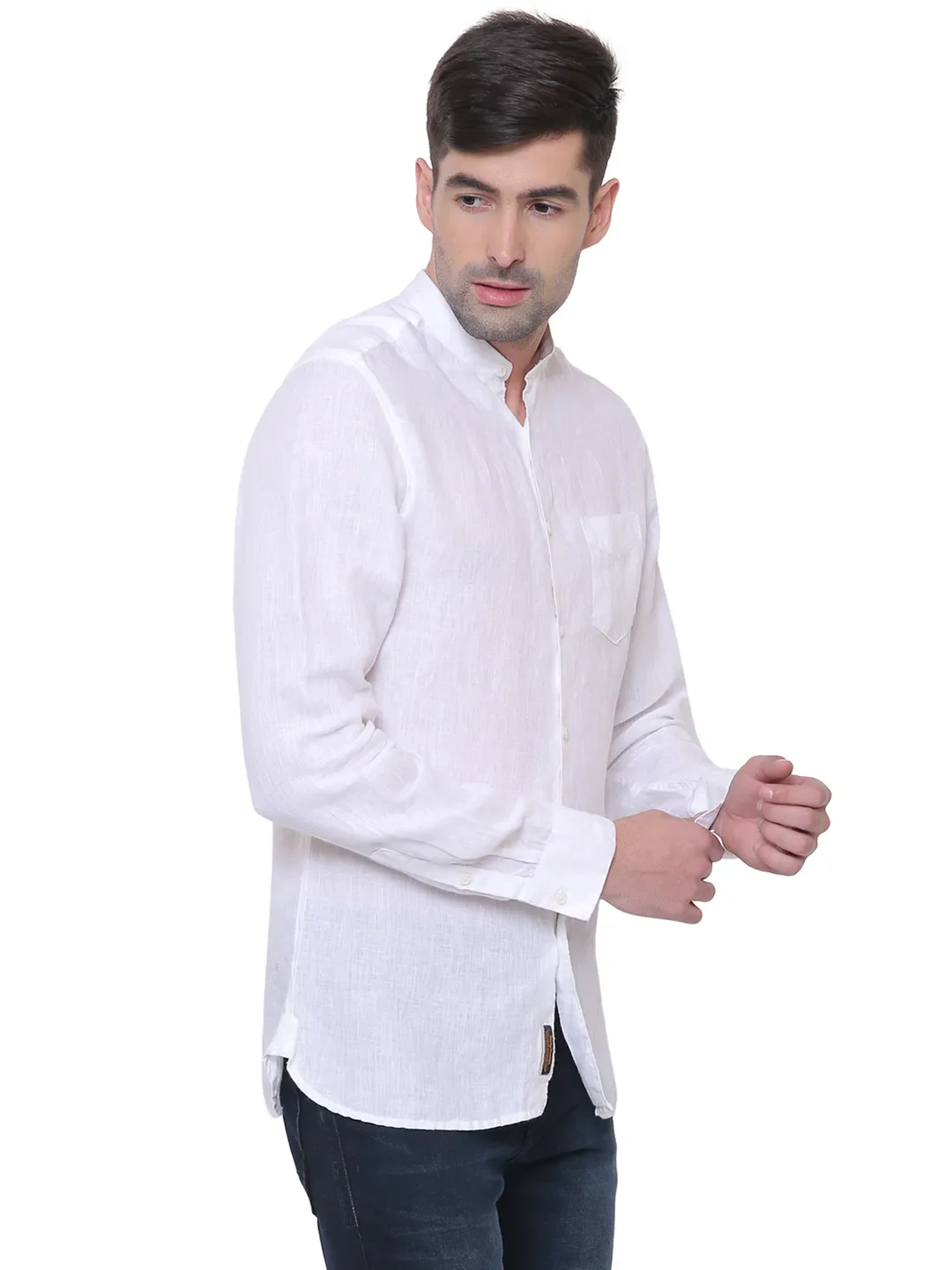 White Slim Straight Fit Mandarin Collar Long Sleeves Men's Shirt by Being Human Clothing - Image 3