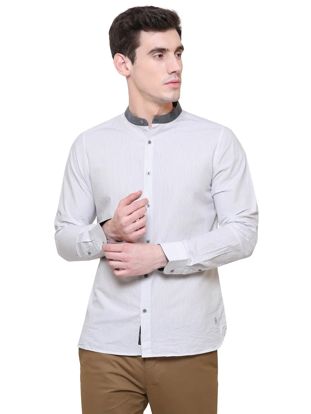 White Slim Straight Fit Mandarin Collar Long Sleeves Cotton Men's Shirt by Being Human Clothing - Image 2