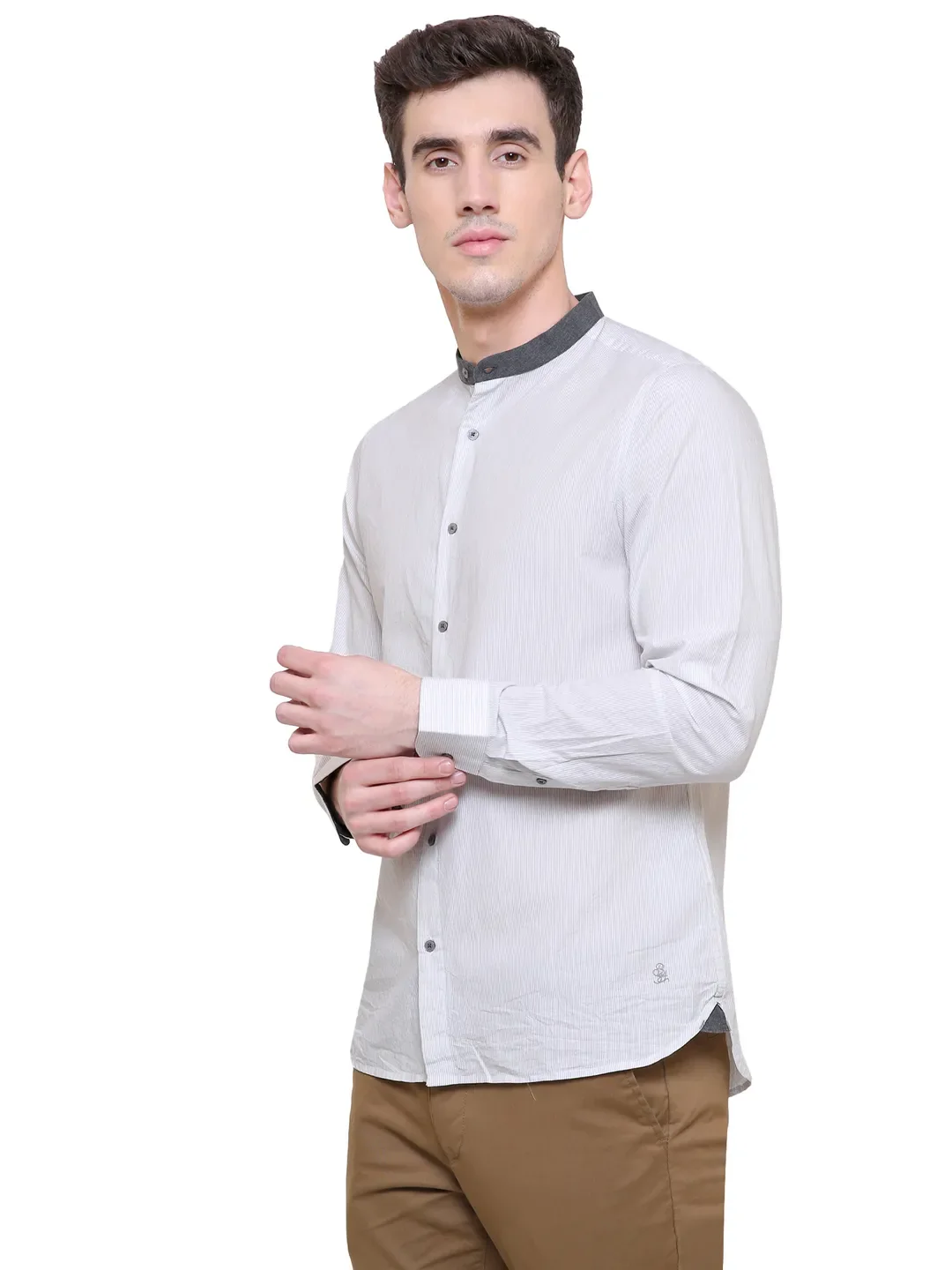White Slim Straight Fit Mandarin Collar Long Sleeves Cotton Men's Shirt by Being Human Clothing - Image 3