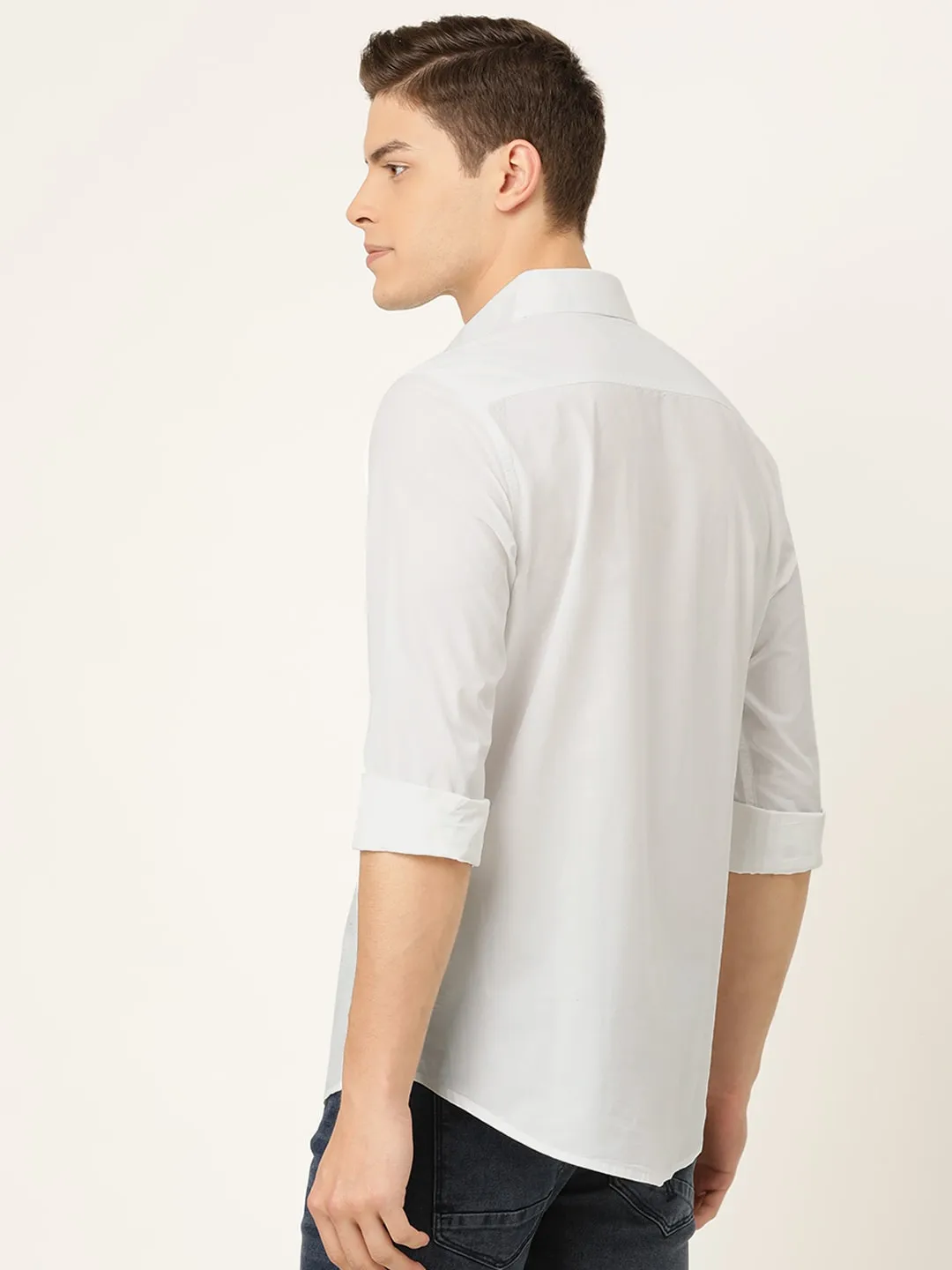White Slim Straight Fit Regular Collar Long Sleeves Cotton Men's Shirt by Being Human Clothing - Image 4