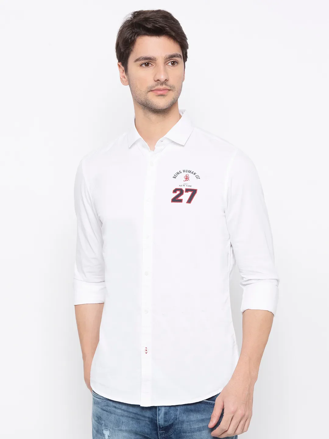 White Slim Straight Fit Regular Collar Long Sleeves Cotton Men's Shirt by Being Human Clothing