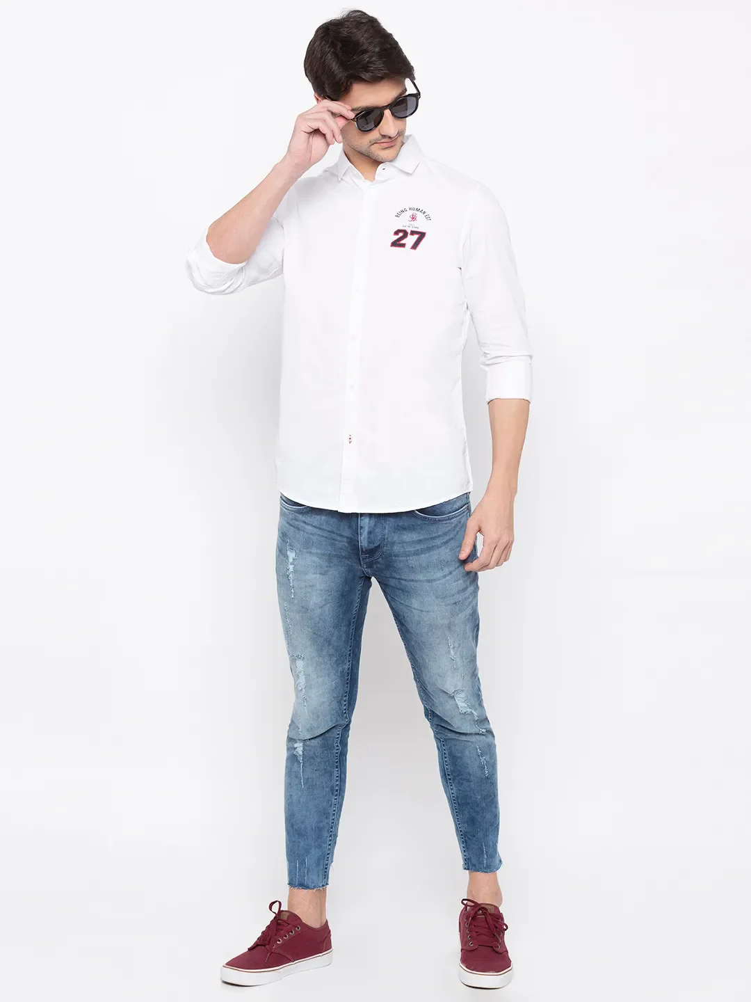White Slim Straight Fit Regular Collar Long Sleeves Cotton Men's Shirt by Being Human Clothing - Image 5