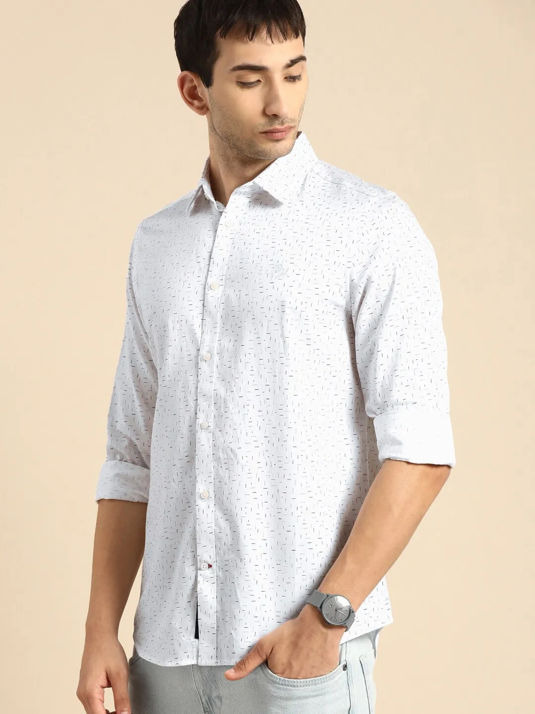 White Slim Straight Fit Regular Collar Long Sleeves Cotton Men's Shirt by Being Human Clothing - Image 2