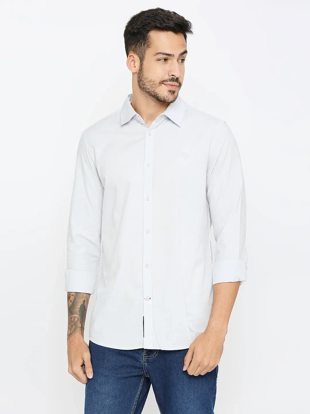 White Slim Straight Fit Regular Collar Long Sleeves Cotton Men's Shirt by Being Human Clothing - Image 2