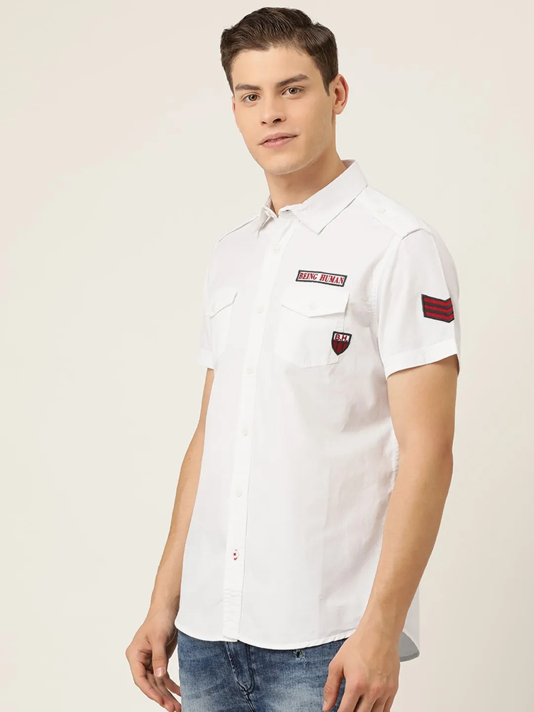 White Slim Straight Fit Regular Collar Short Sleeves Cotton Men's Shirt by Being Human Clothing - Image 2
